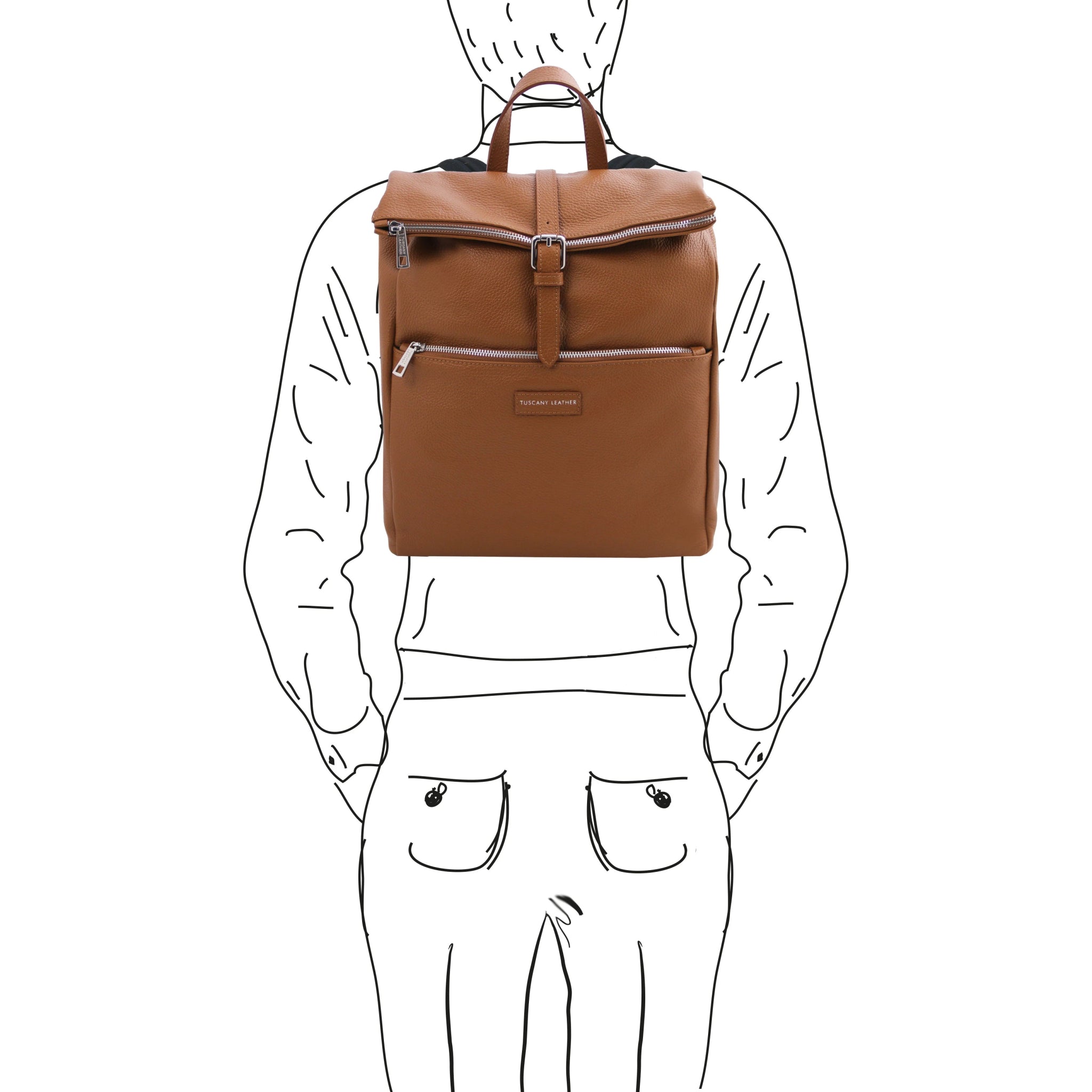 A black and white sketch of a man wearing the Denver Soft Italian Leather Backpack in Cognac