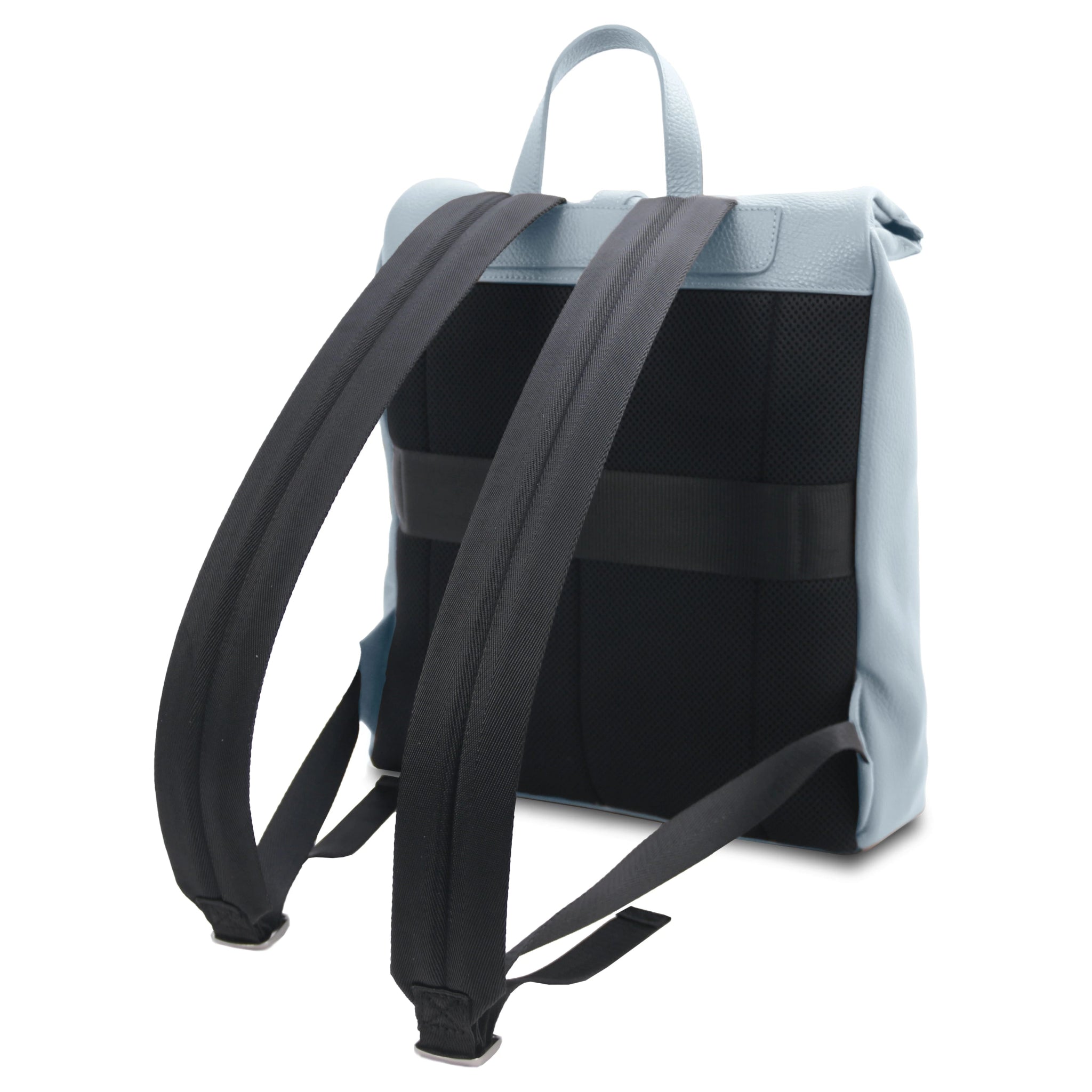 Back View Denver Soft Italian Leather Backpack in Light Blue on a white background.