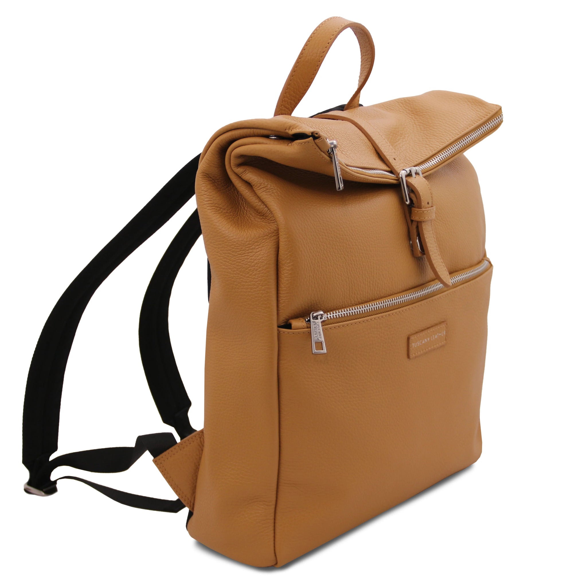 Side View Denver Soft Italian Leather Backpack in Caramel on a white background