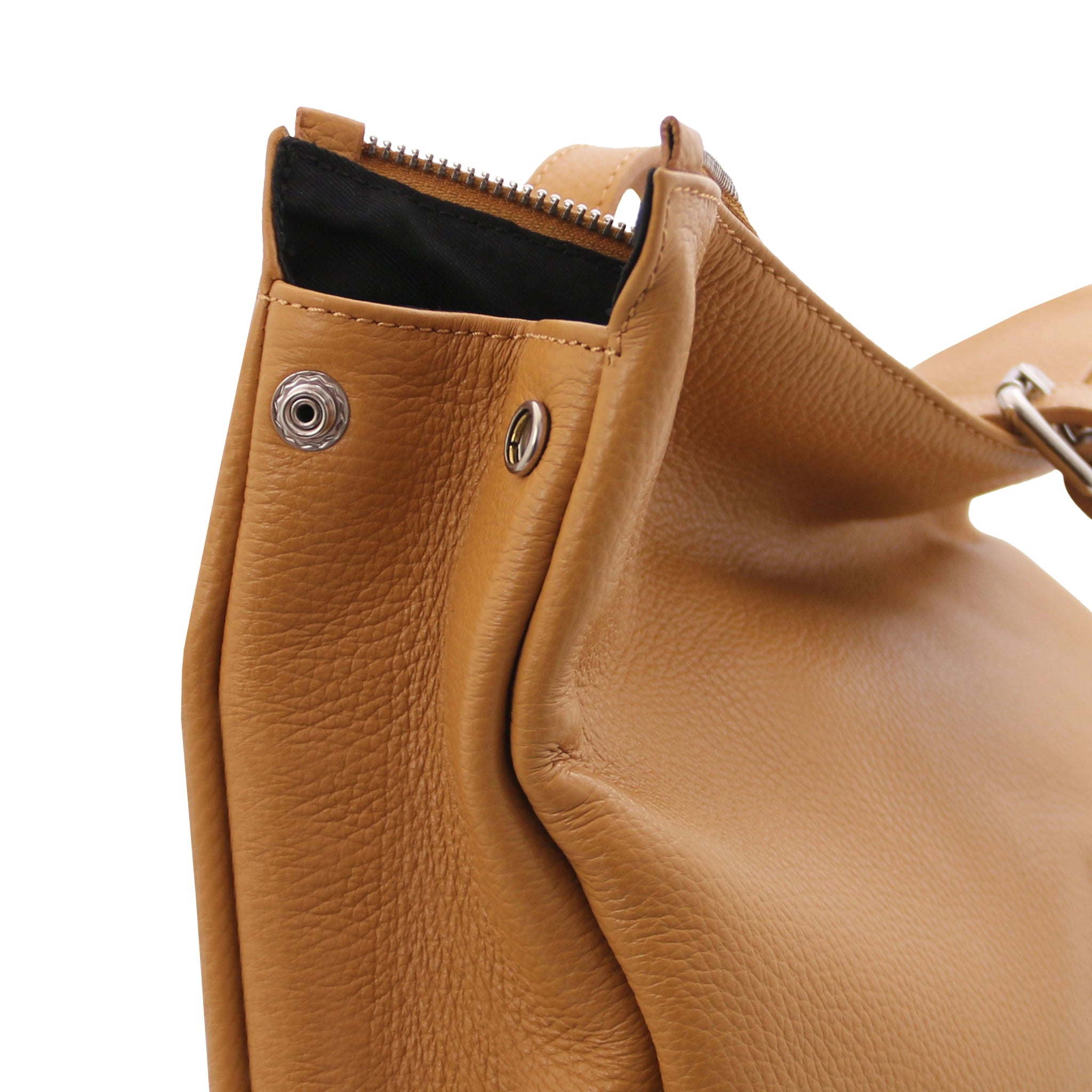 Side view Denver Soft Italian Leather Backpack in Caramel featuring main side snap closure