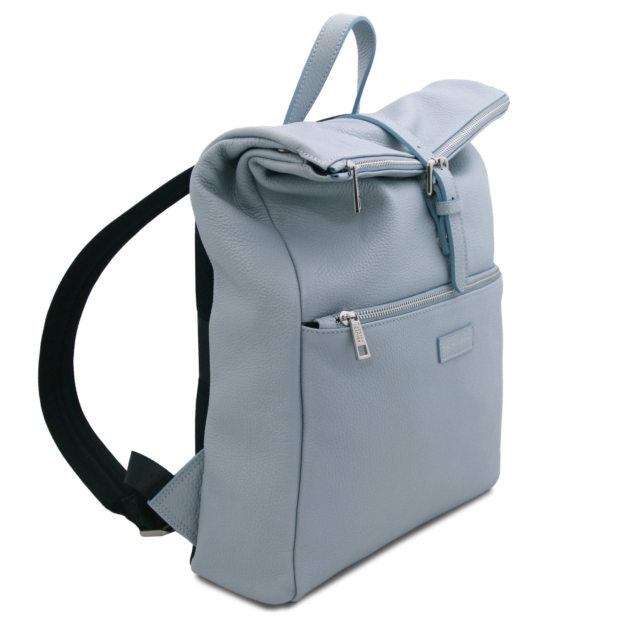 Side View Denver Soft Italian Leather Backpack in Light Blue on a white background.