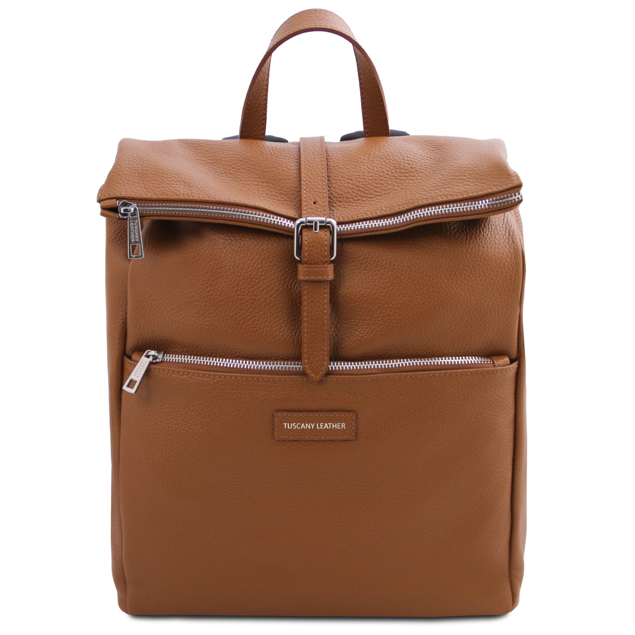 Front View  Denver Soft Italian Leather Backpack in Cognac n a white background.