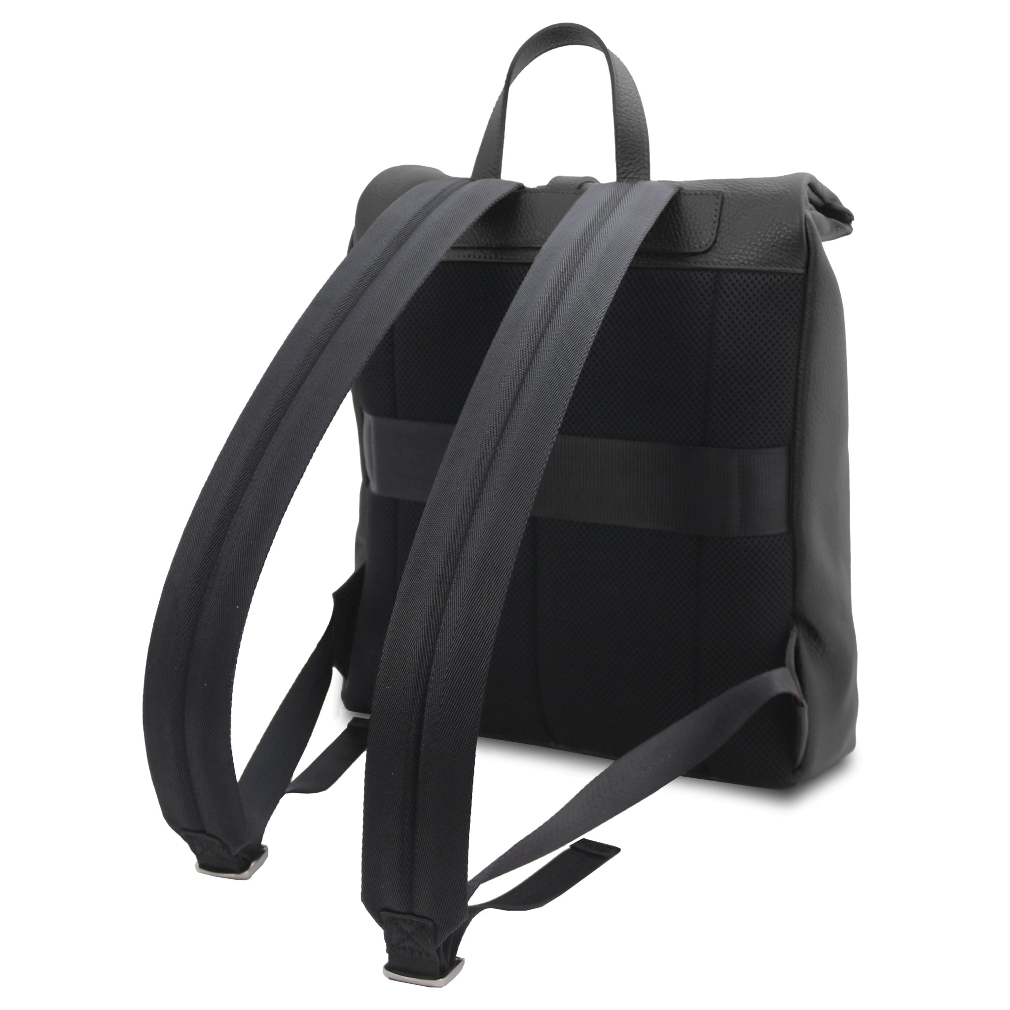 Back View Denver Soft Italian Leather Backpack in Black on a white background.