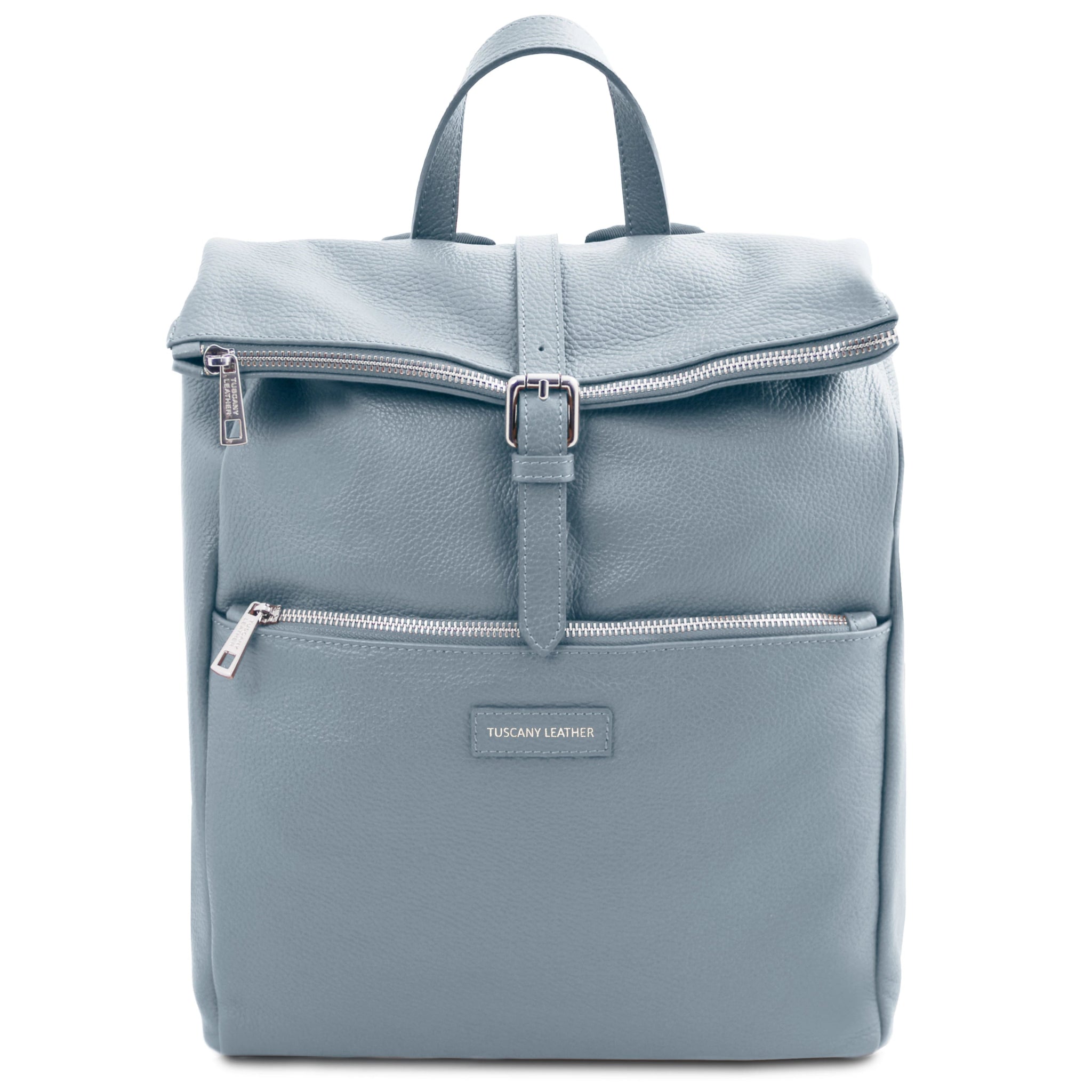 Front View  Denver Soft Italian Leather Backpack in Light Blue on a white background.