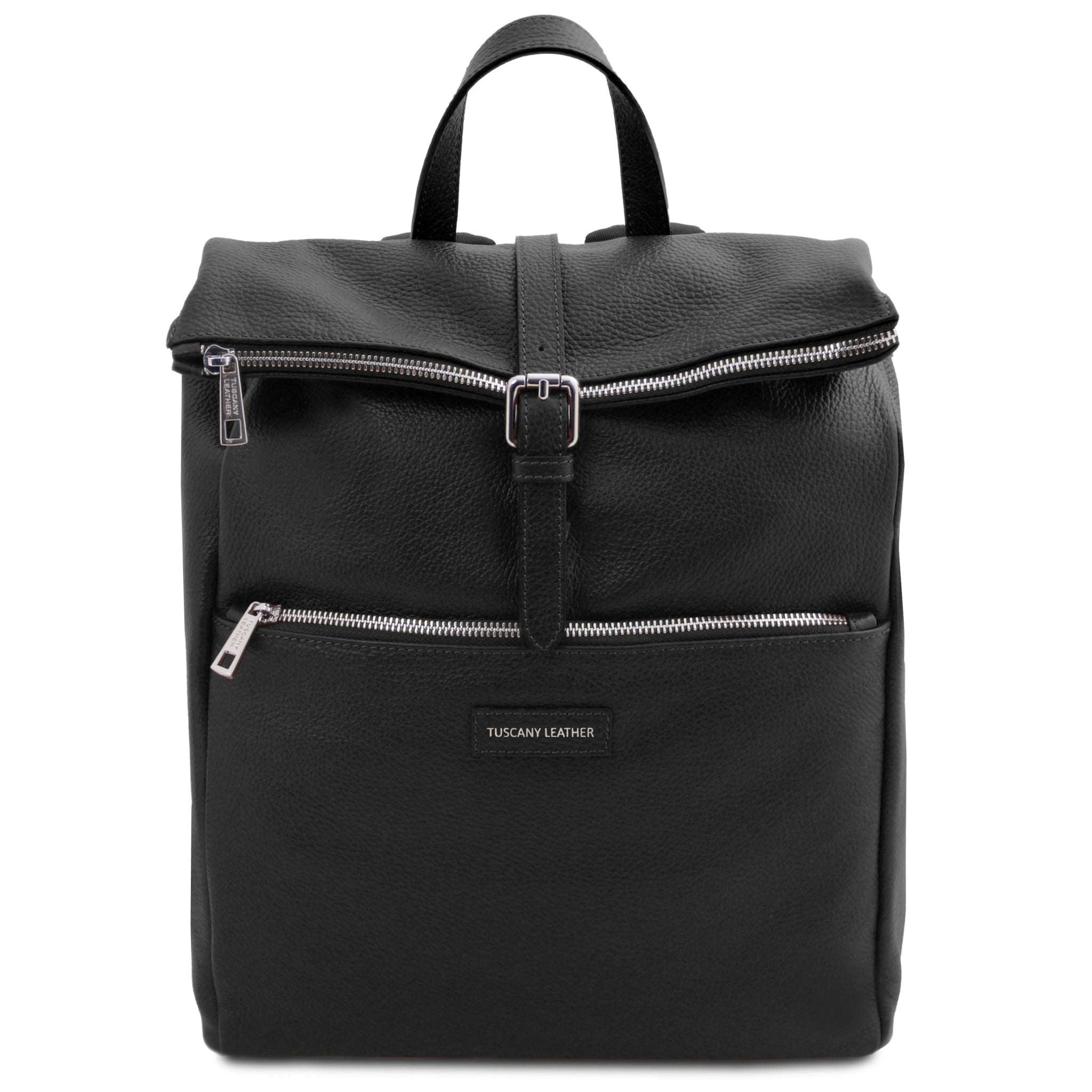 Front View  Denver Soft Italian Leather Backpack in Black on a white background.