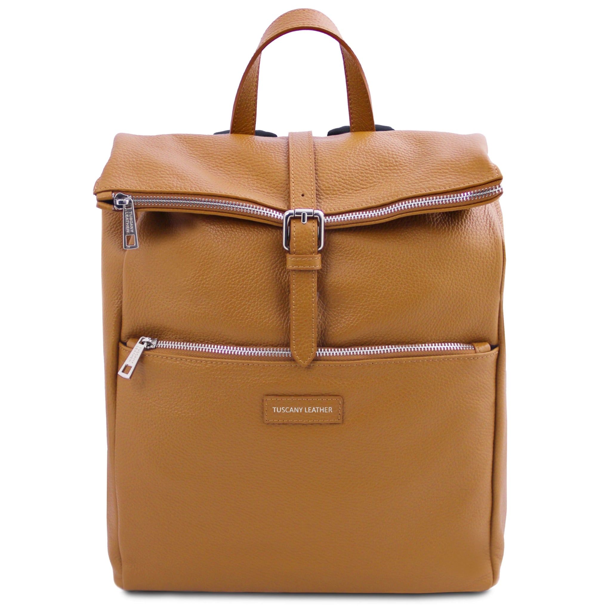 Front View Denver Soft Italian Leather Backpack in Caramel on a white background