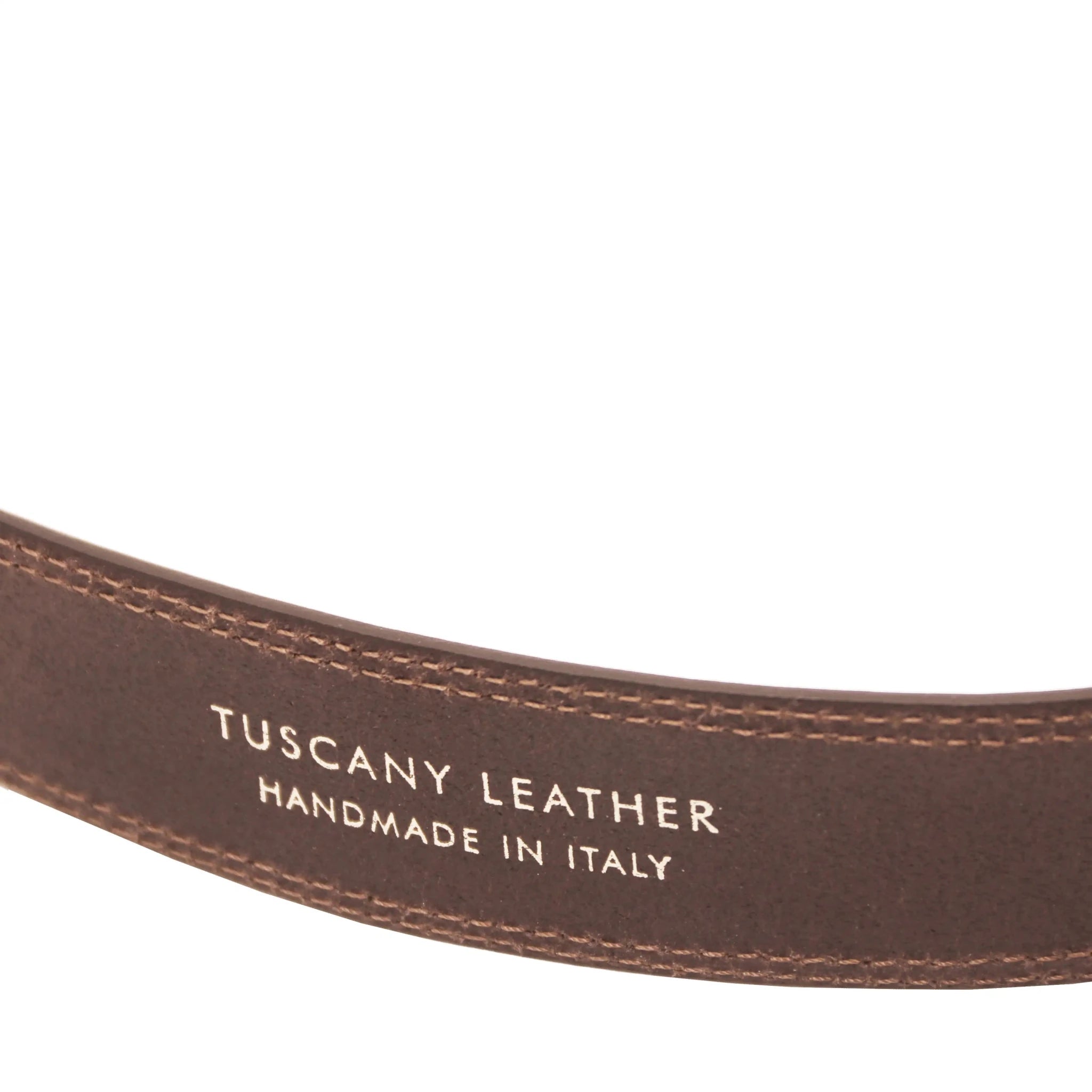 Taupe leather belt with 'Tuscany Leather Handmade in Italy' engraving on a white background
