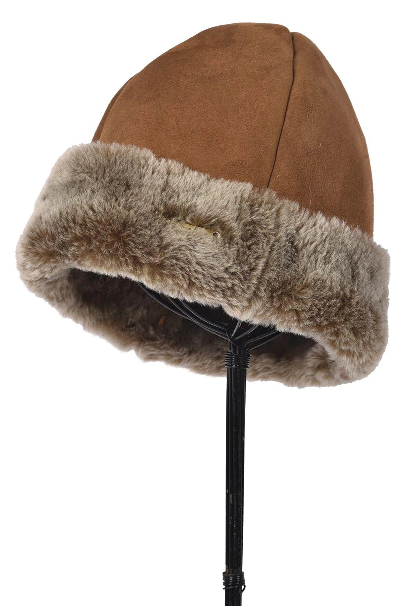 English Sheepskin Classic Beanie Hat in Tan Ottoman on a black het stand