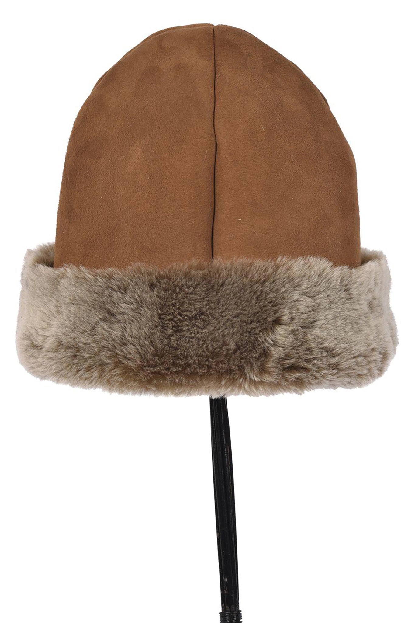 English Sheepskin Classic Beanie Hat in Tan Ottoman on a black het stand,vback of het