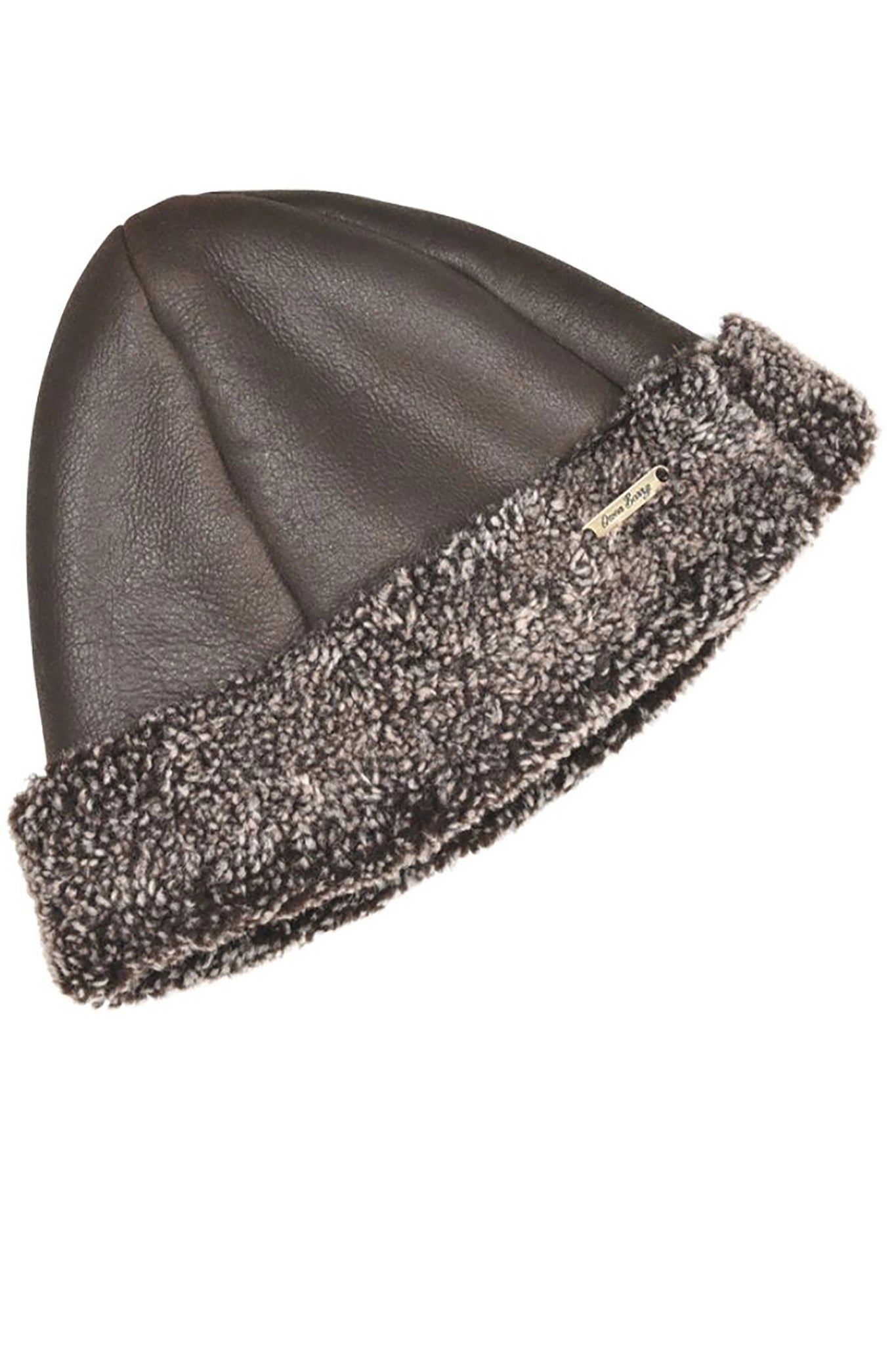 English Sheepskin Pull On Beanie in Brown Hurricane on a white background