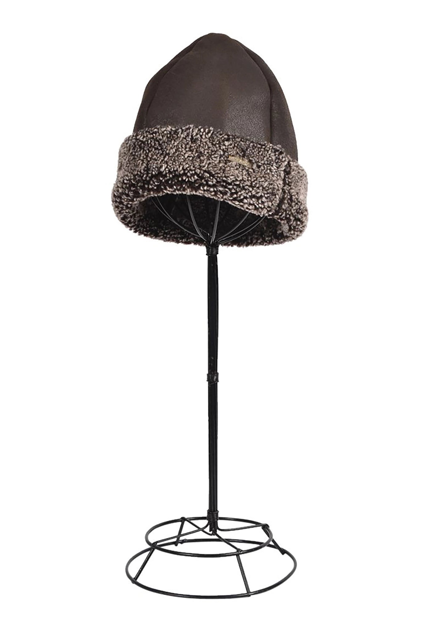 English Sheepskin Pull On Beanie in Brown Hurricane on a black hat stand