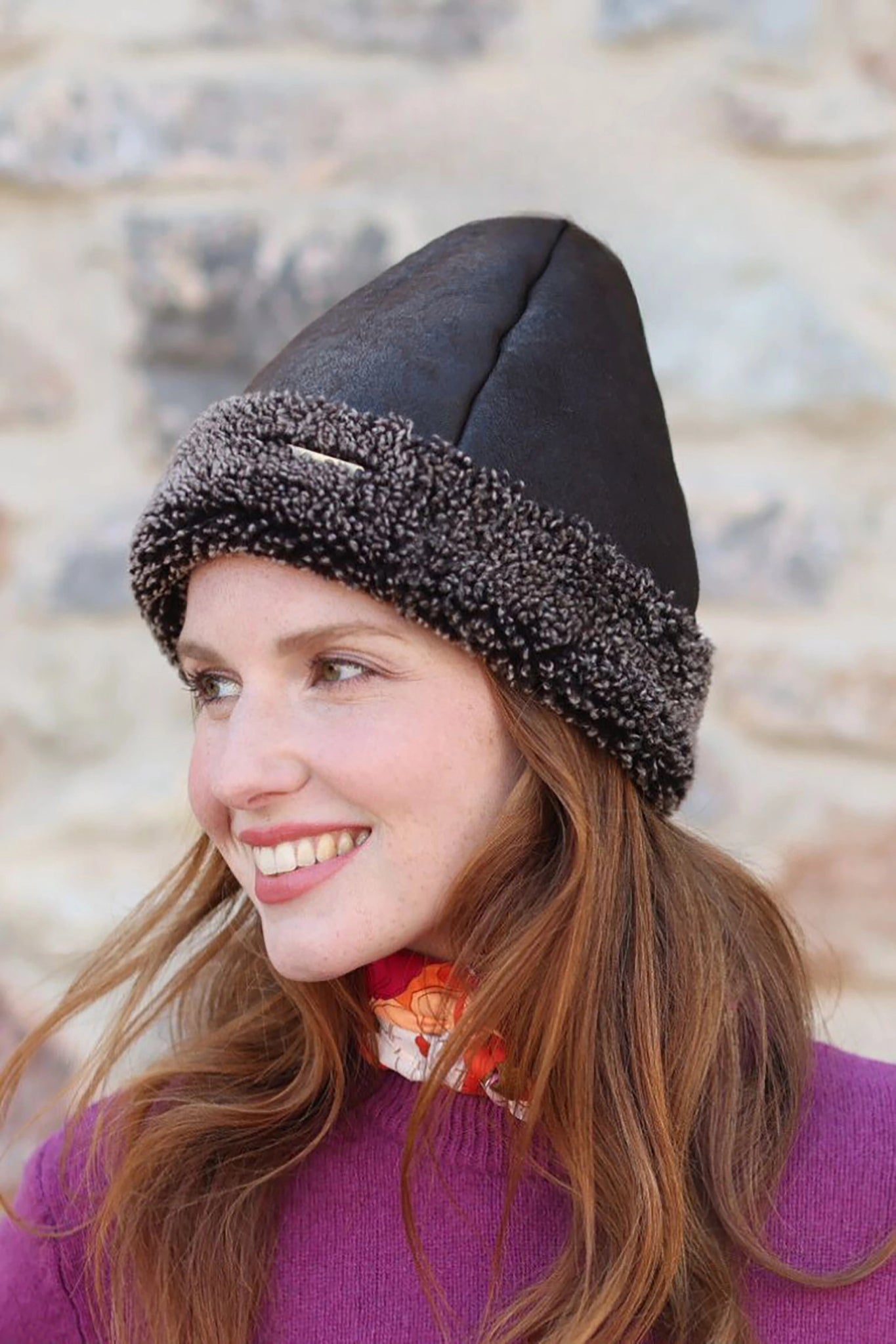 English Sheepskin Pull On Beanie in Brown Hurricane on a female model