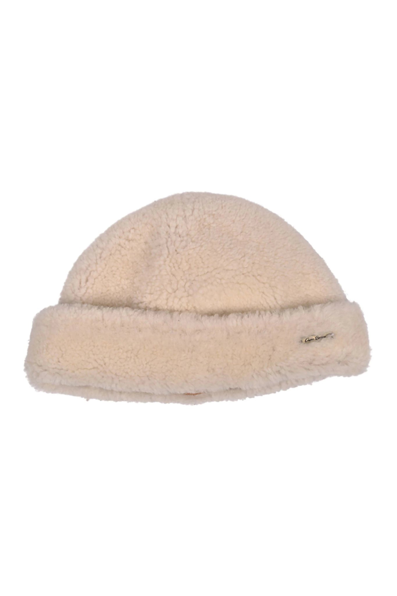 English Sheepskin Pull On Beanie in Cream on a white background