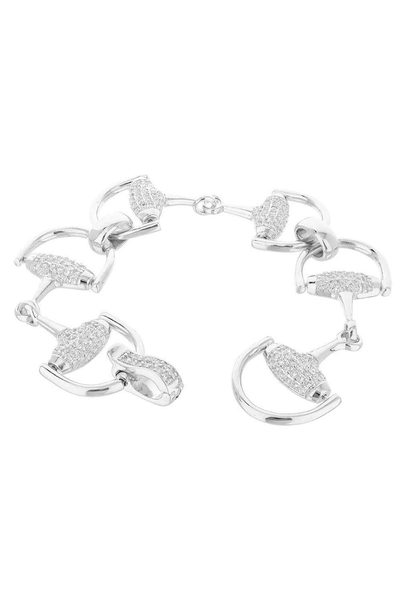 Equestrian Link Bracelet in Silver on a white background. Six dazzling links adorned with cubic zirconia.