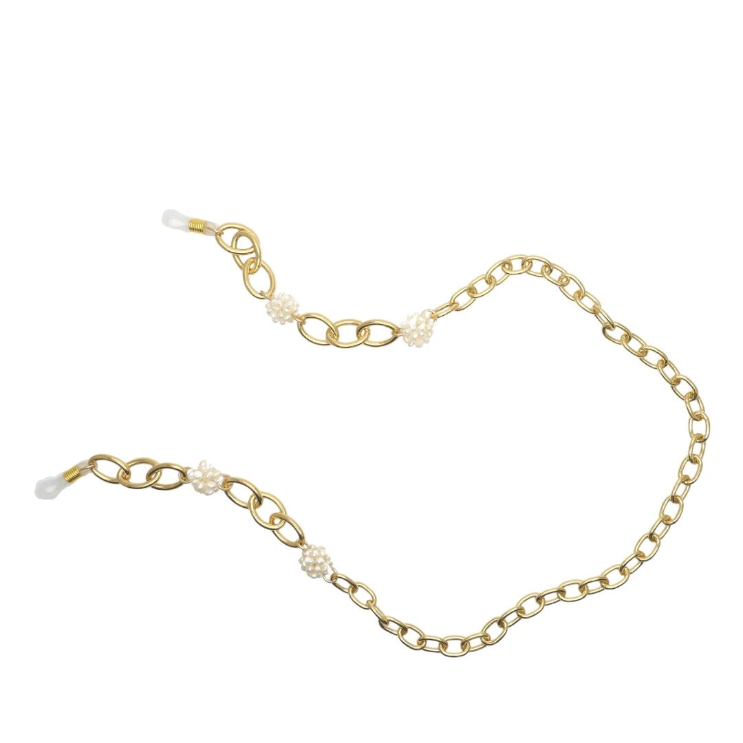Esmee Golden Pearl Eyeglass Chain on a white background