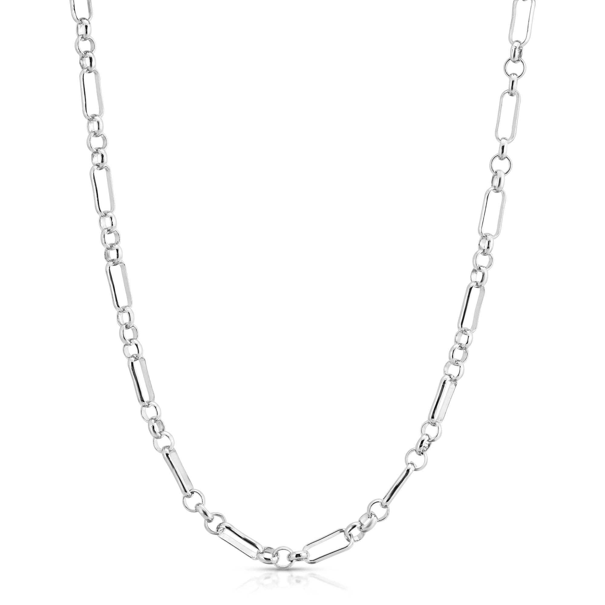 Silver eye chain links hanging on a white background