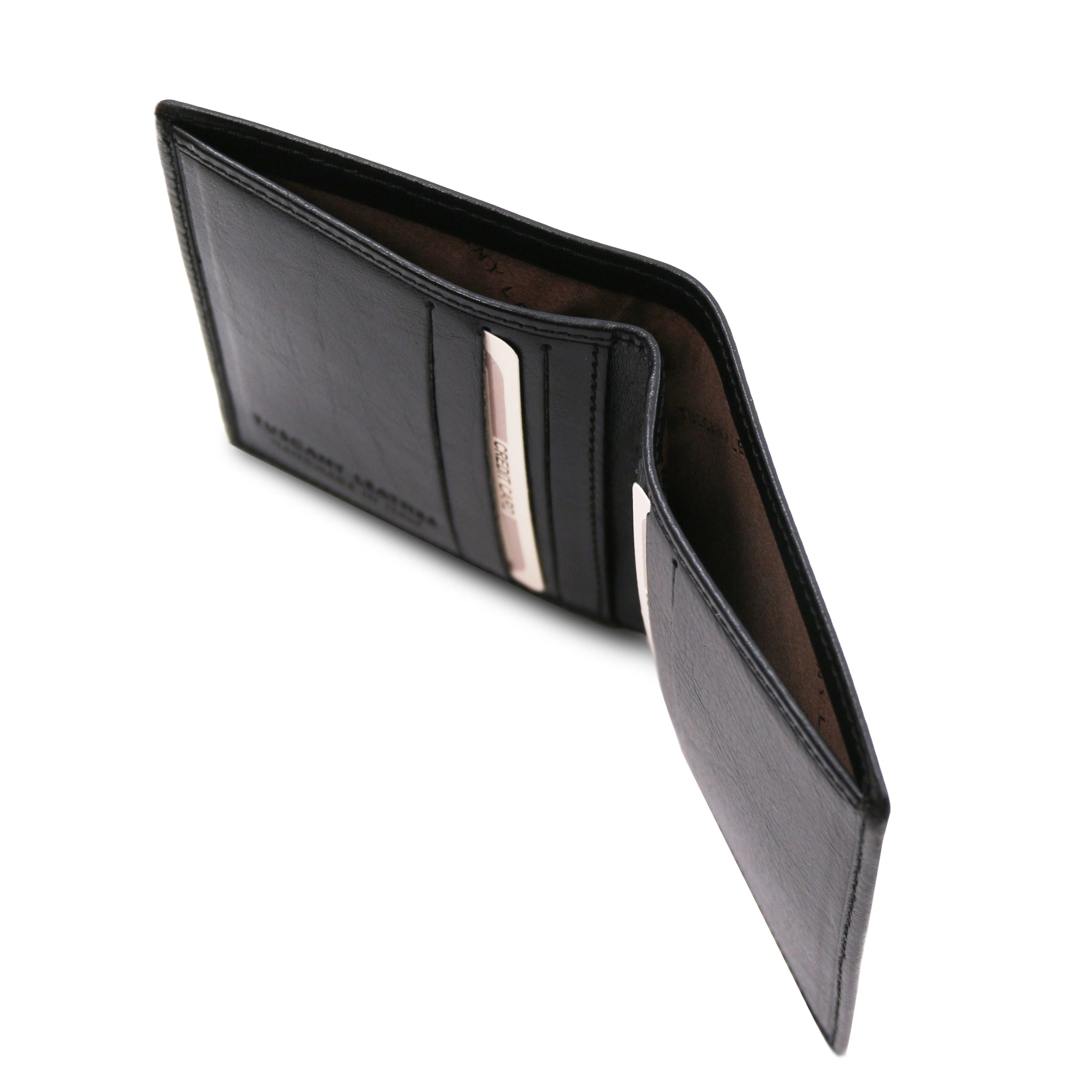 Black leather wallet opned showing bill compartment on a white background
