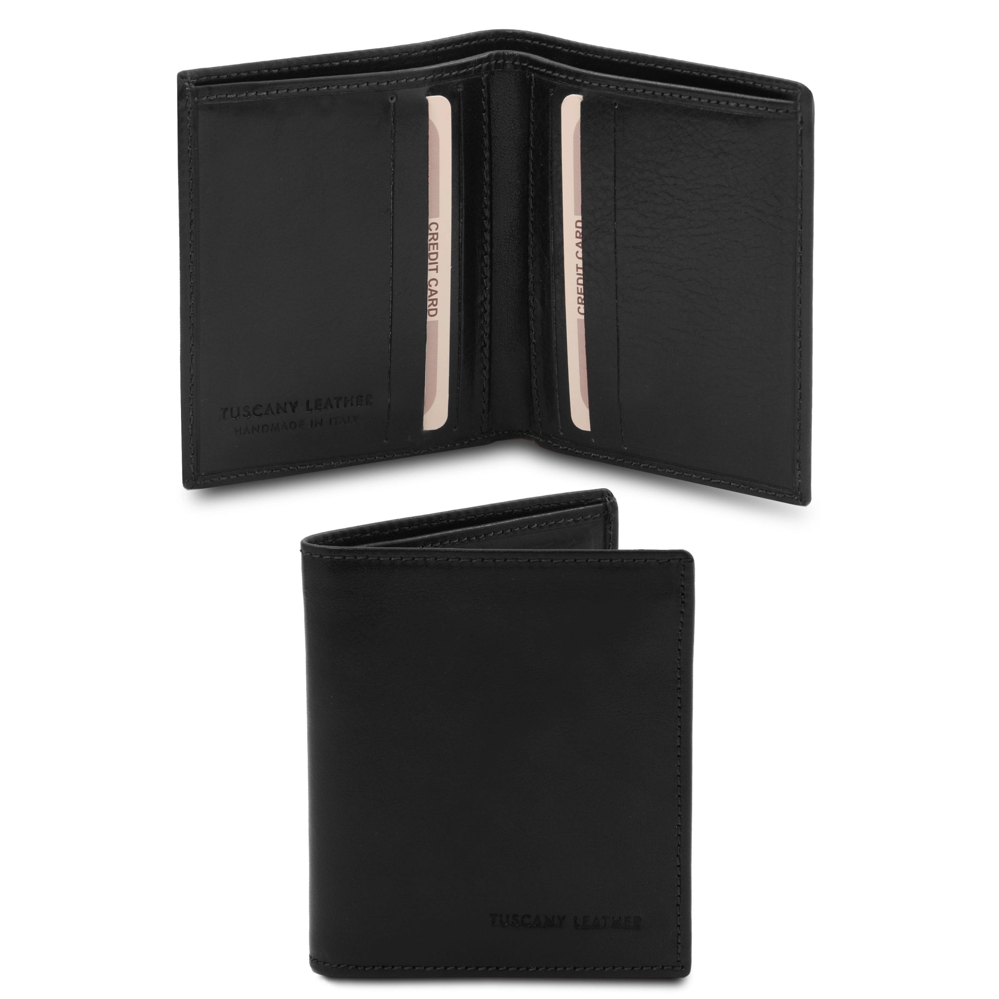 Black leather wallets opened and closed on a white background