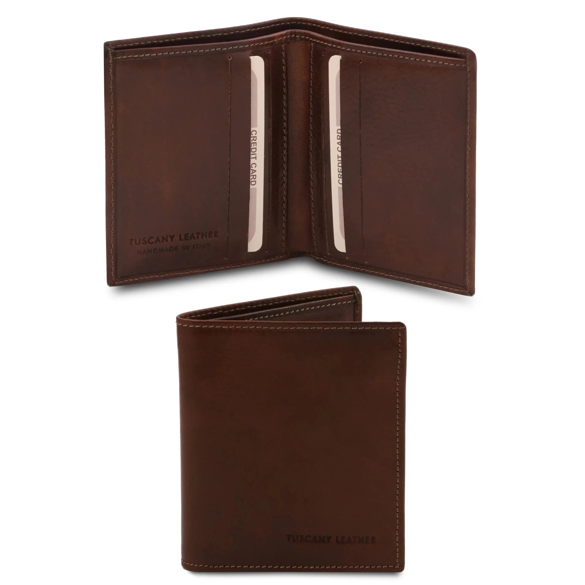 Dark Brown leather wallets opened and closed on a white background