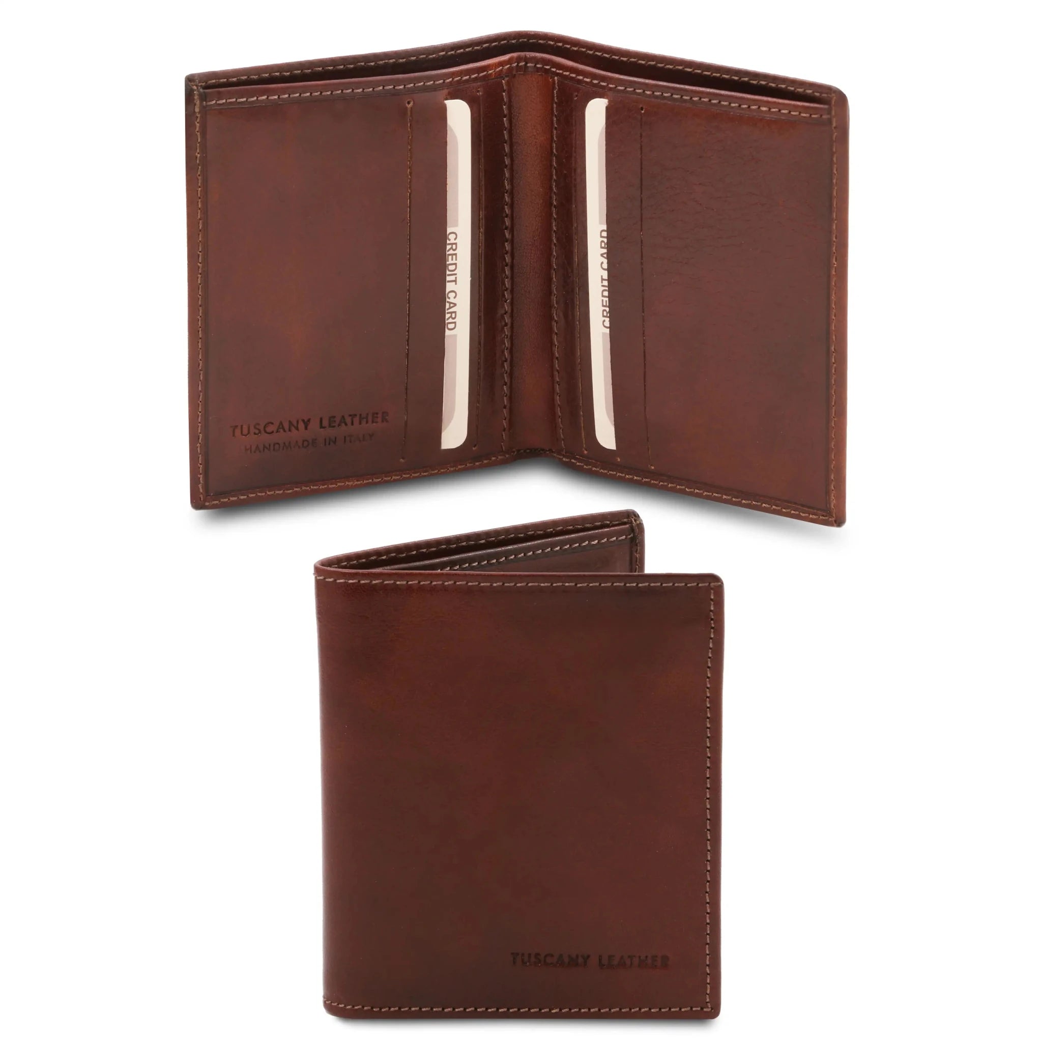 Brown leather wallets opened and closed on a white background