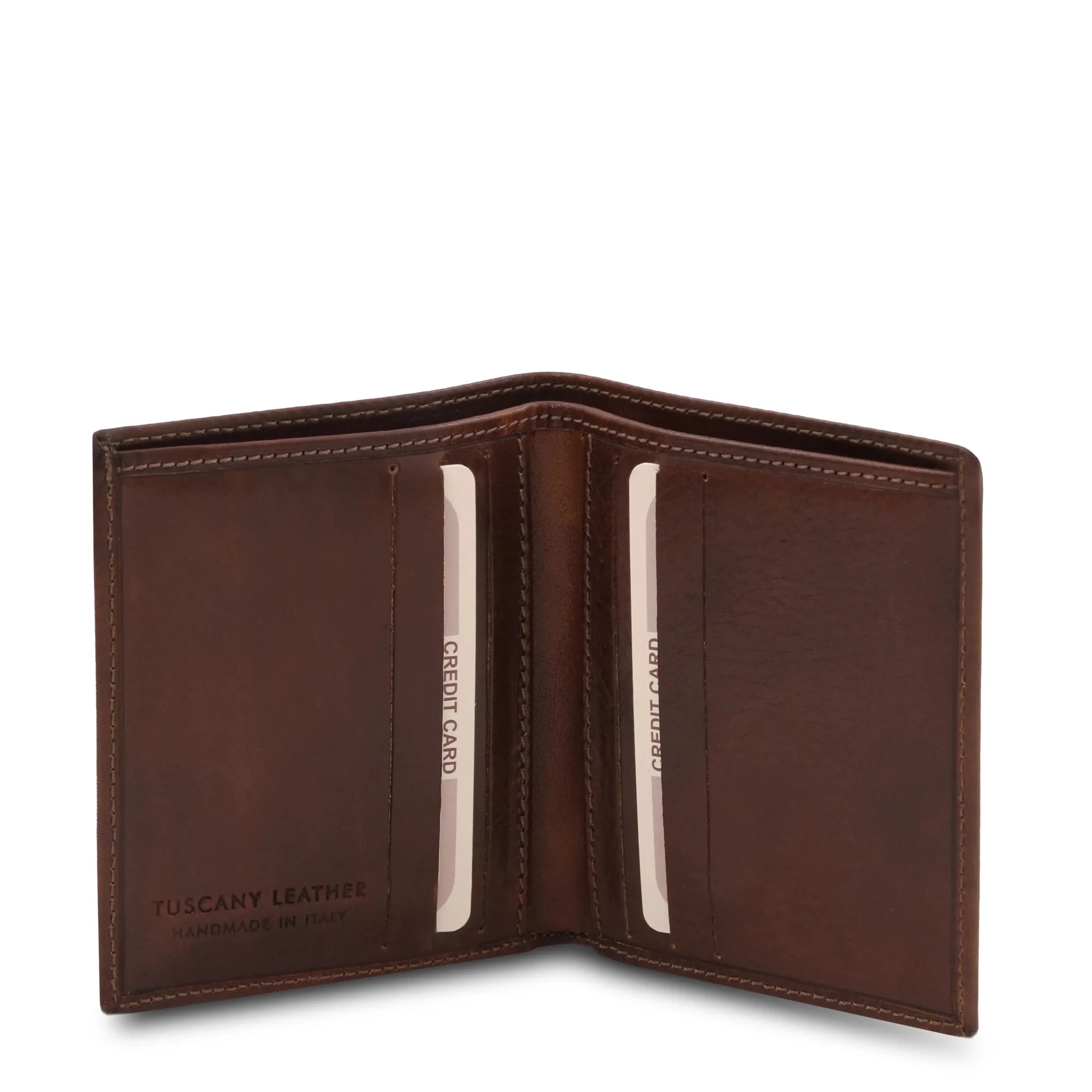 Dark Brown leather wallet with opened showing card slots on a white background