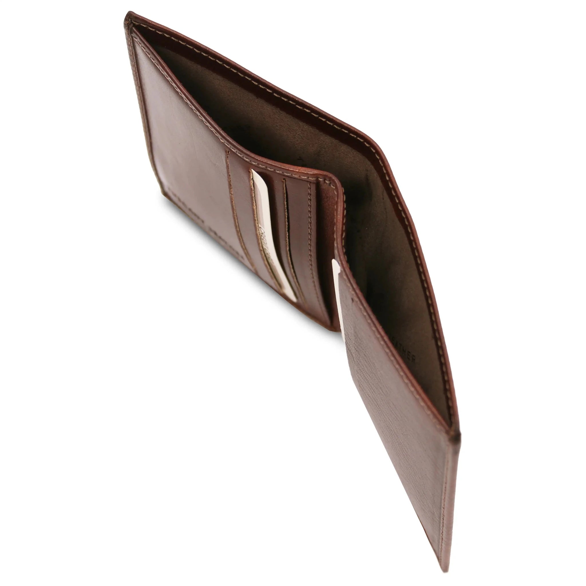 Brown leather wallet opned showing bill compartment on a white background