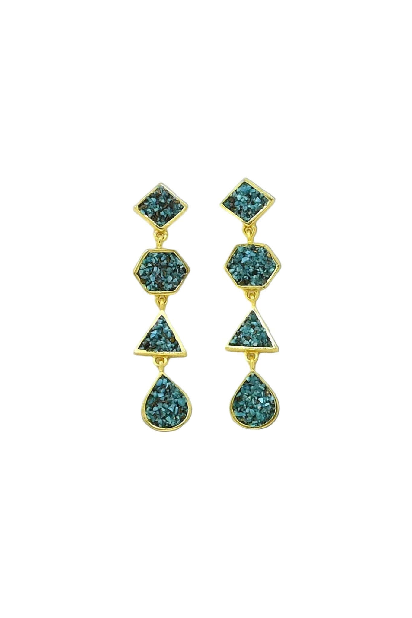 Pair of earrings with turquoise gemstones and gold accents on a white background