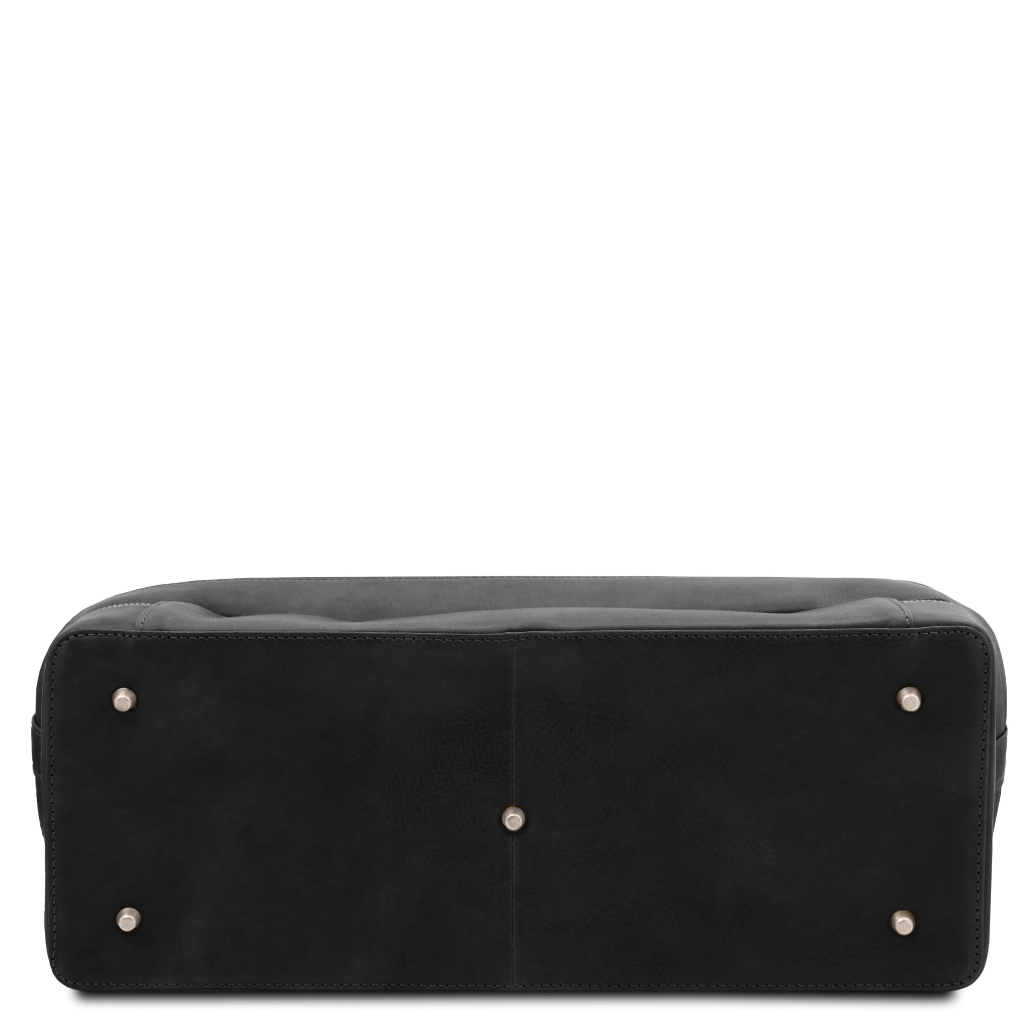 Bottom view Giotto Exclusive Double - bottom Italian Leather Doctor Bag in black showing the protective burnished gold hued feet