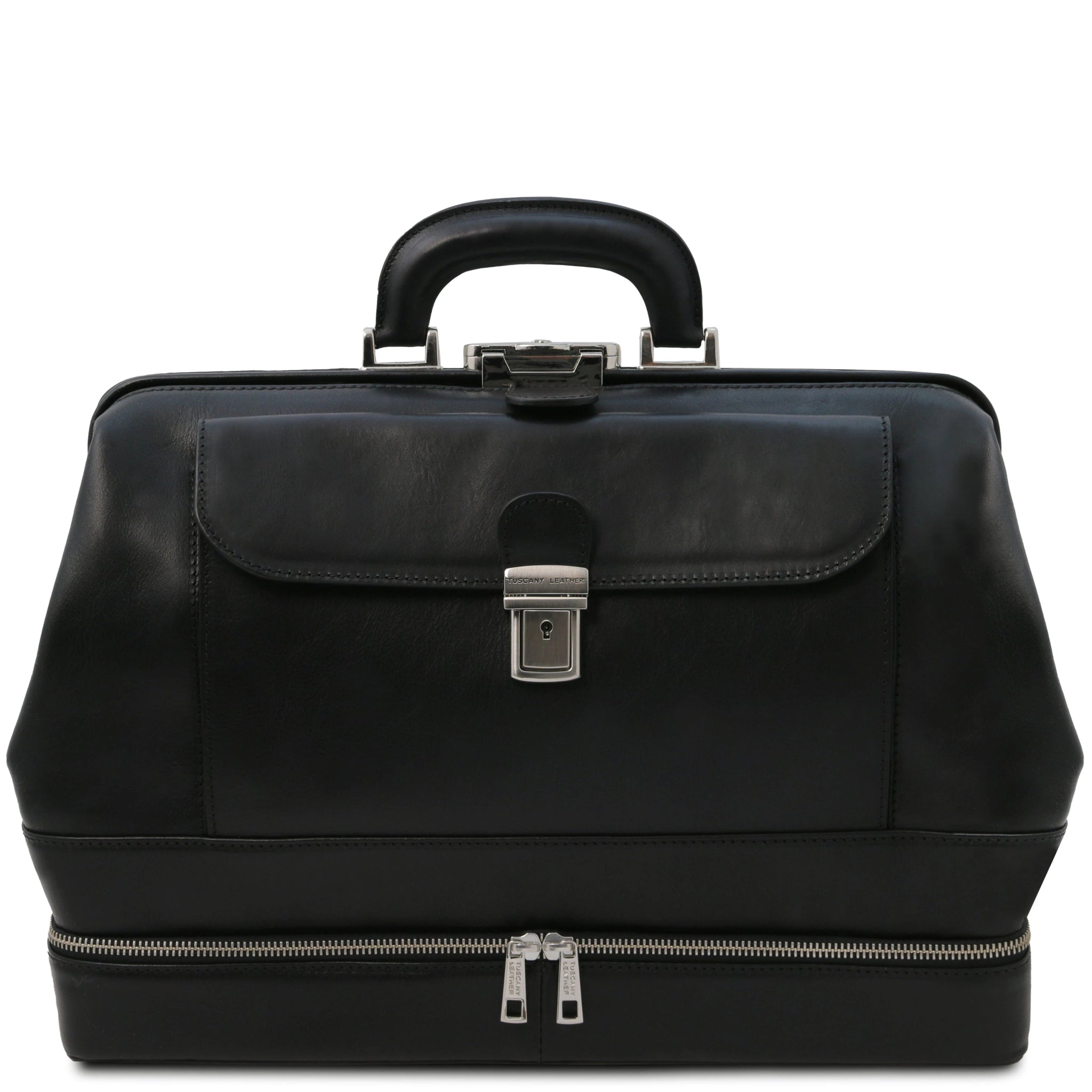 Front view Giotto Exclusive Double - bottom Italian Leather Doctor Bag in black on a white background