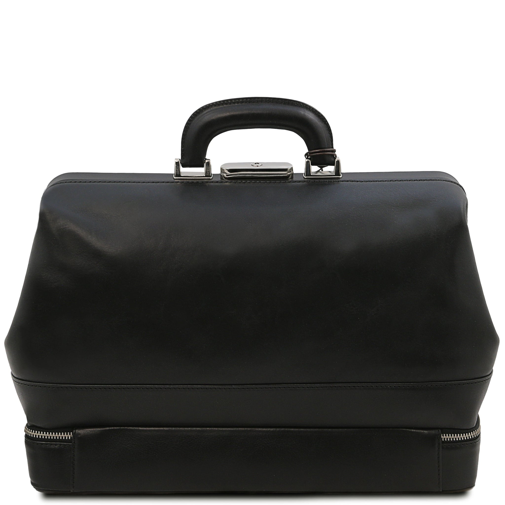 Back view Giotto Exclusive Double - bottom Italian Leather Doctor Bag in black on a white background