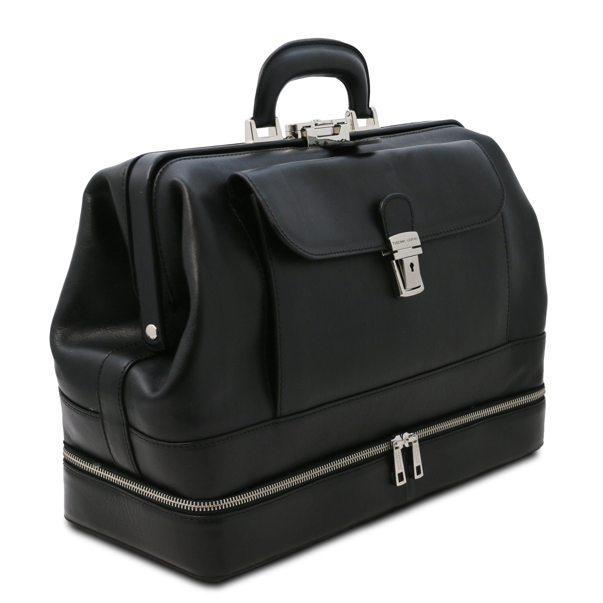 Back view Giotto Exclusive Double - bottom Italian Leather Doctor Bag in black on a white background