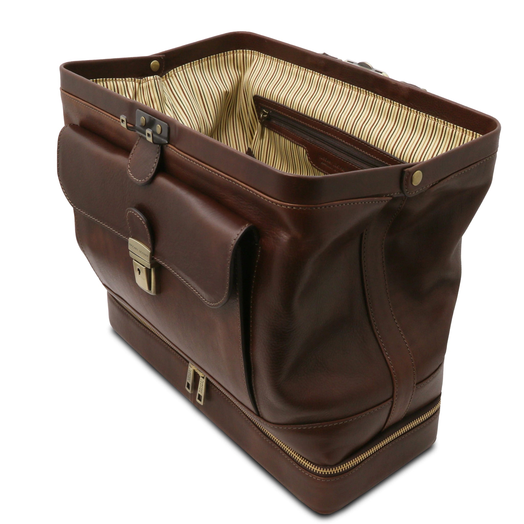 Top view Giotto Exclusive Double - bottom Italian Leather Doctor Bag in dark brown showing the hinge wide bag opening