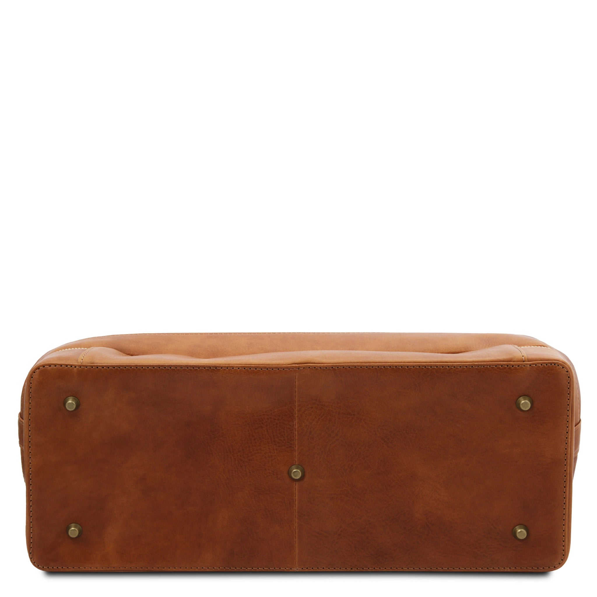 Bottom view Giotto Exclusive Double - bottom Italian Leather Doctor Bag in natural showing the protective burnished gold hued feet