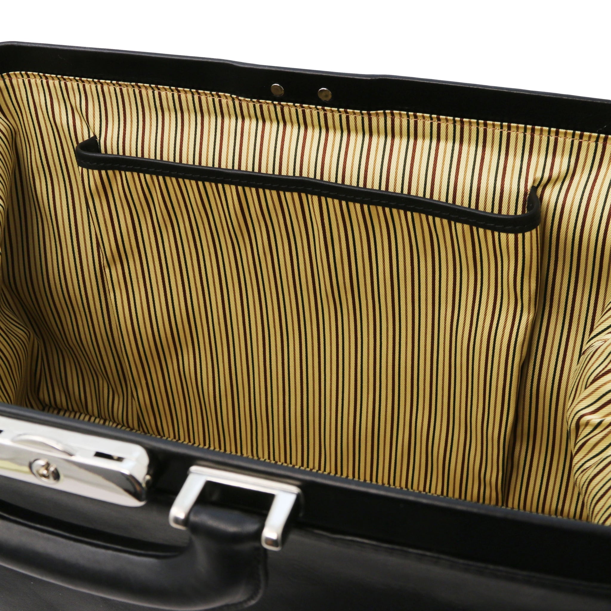 Top view Giotto Exclusive Double - bottom Italian Leather Doctor Bag in black showing the interior open pocket