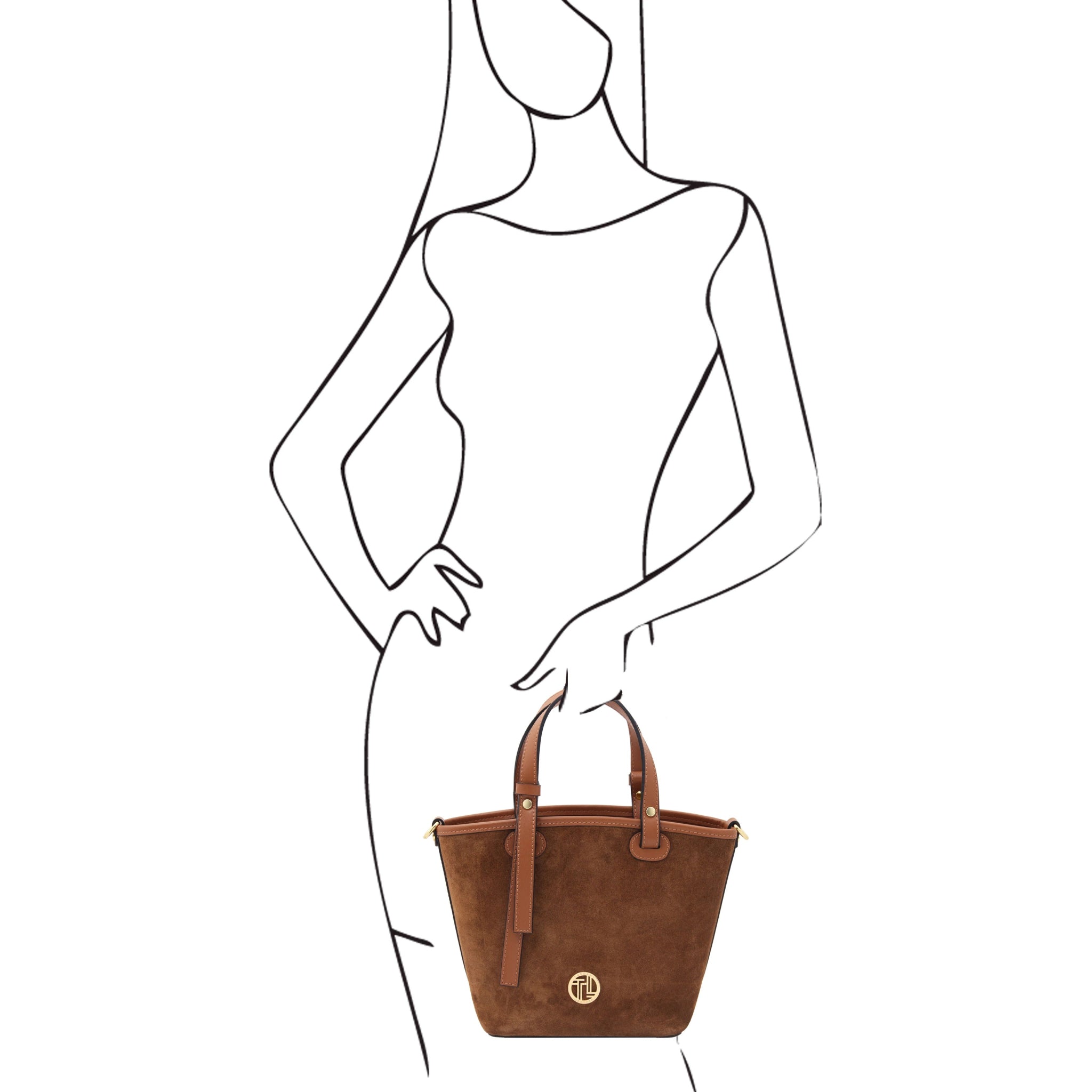 Black and white sketch of a woman holding Glacette Suede Bucket bag in Cognac