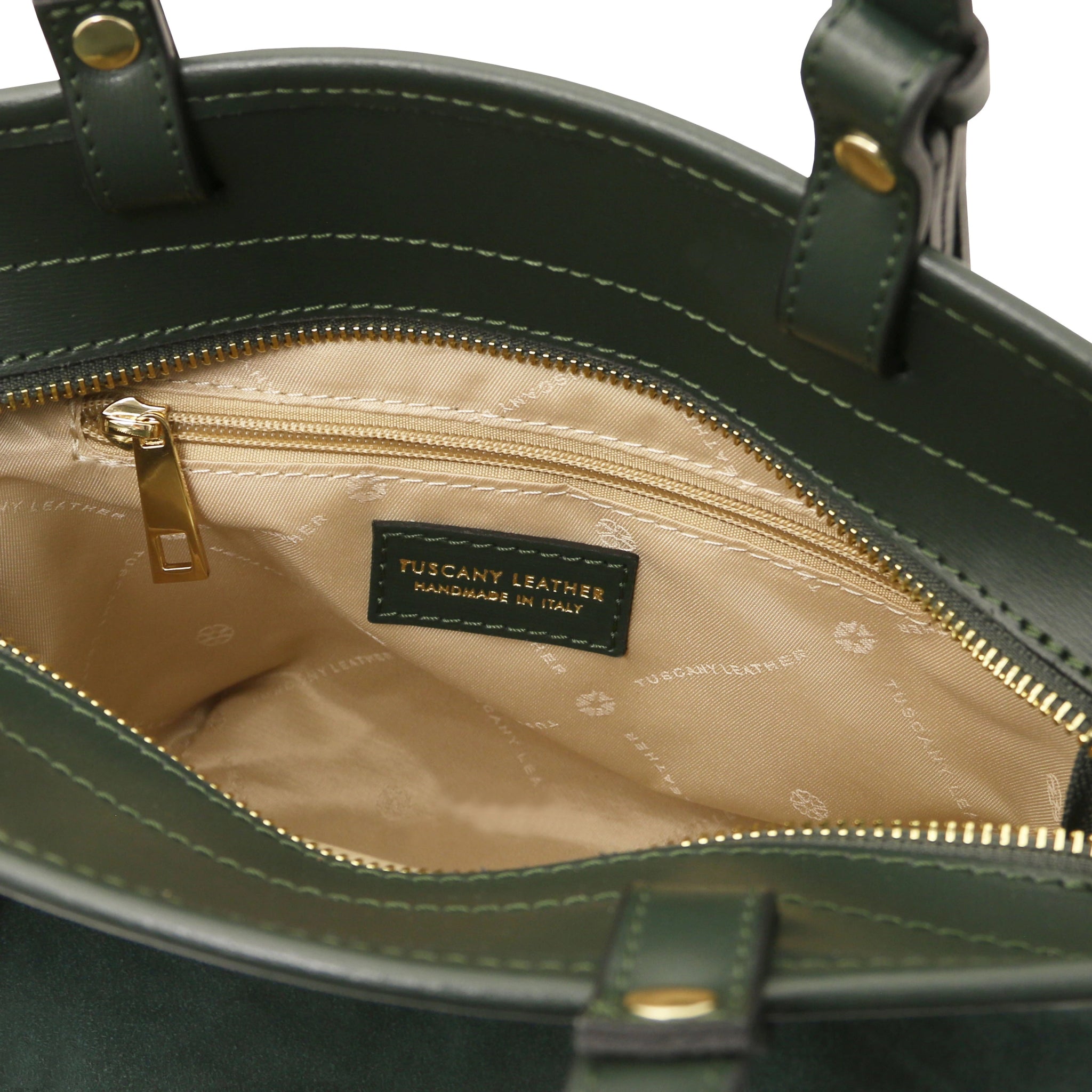Interior zip pocket beige lining view Glacette Suede Bucket bag in Forest Green