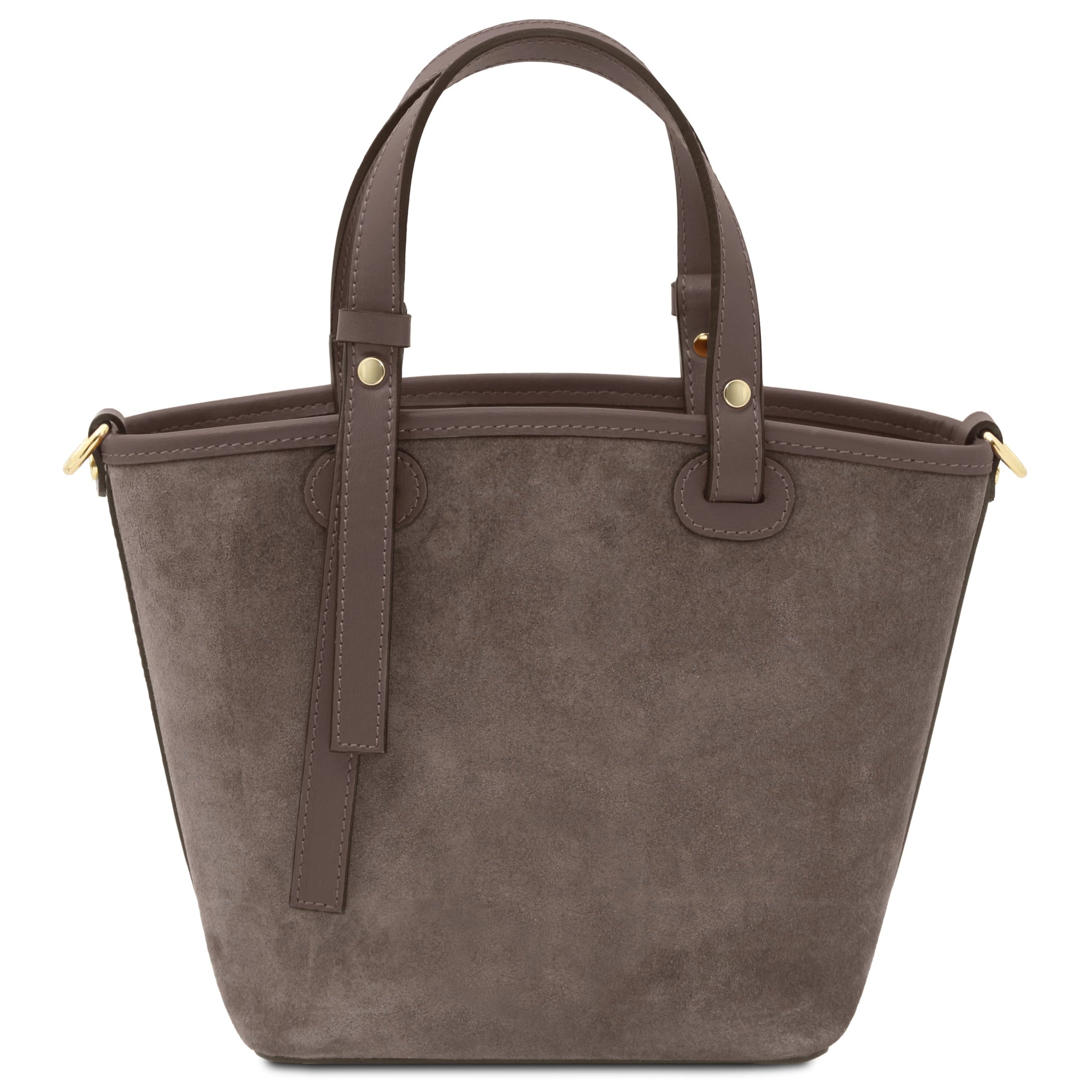 Back view Glacette Suede Leather Bucket bag in Dark Taupe