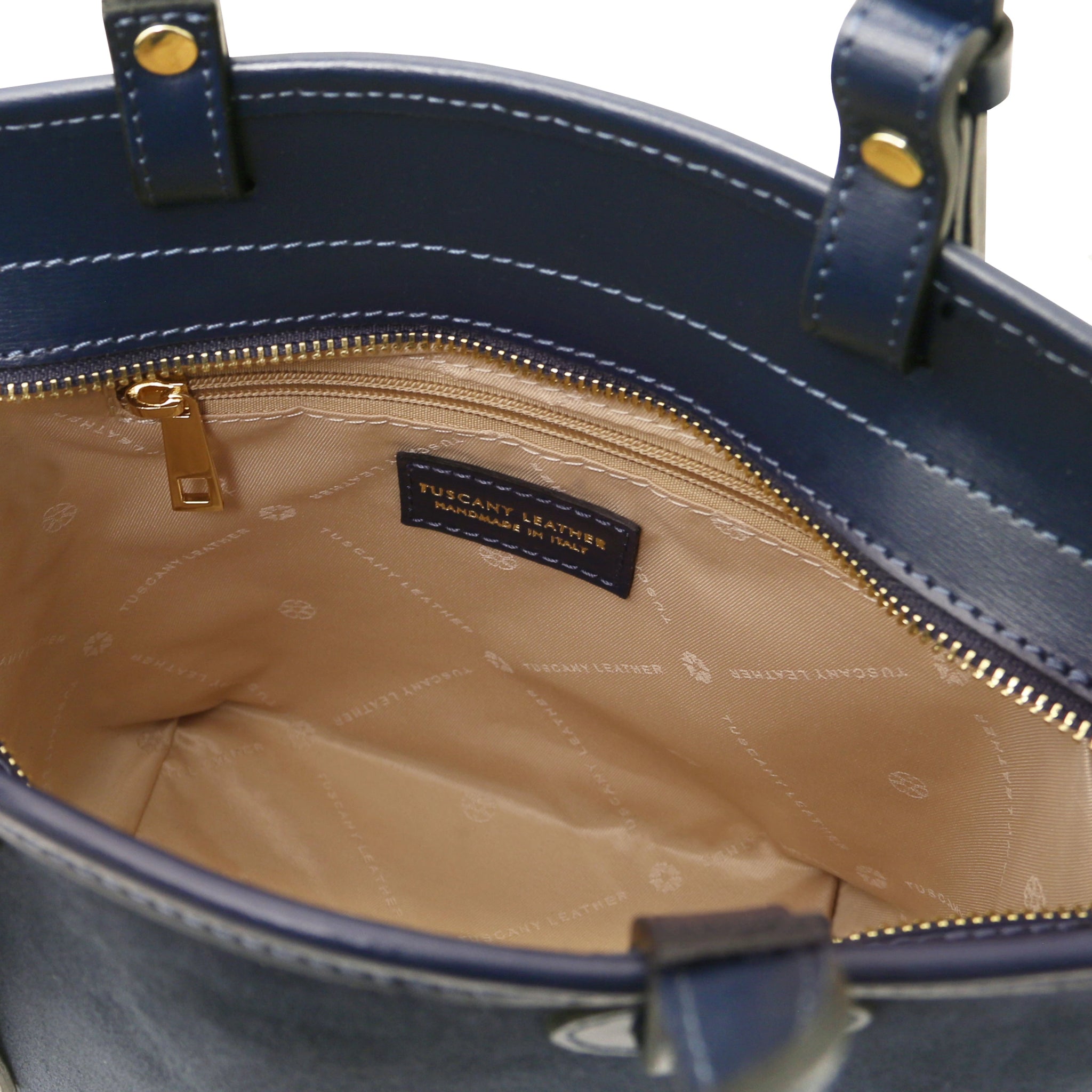 Interior zip pocket beige lining view Glacette Suede Bucket bag in Dark Blue
