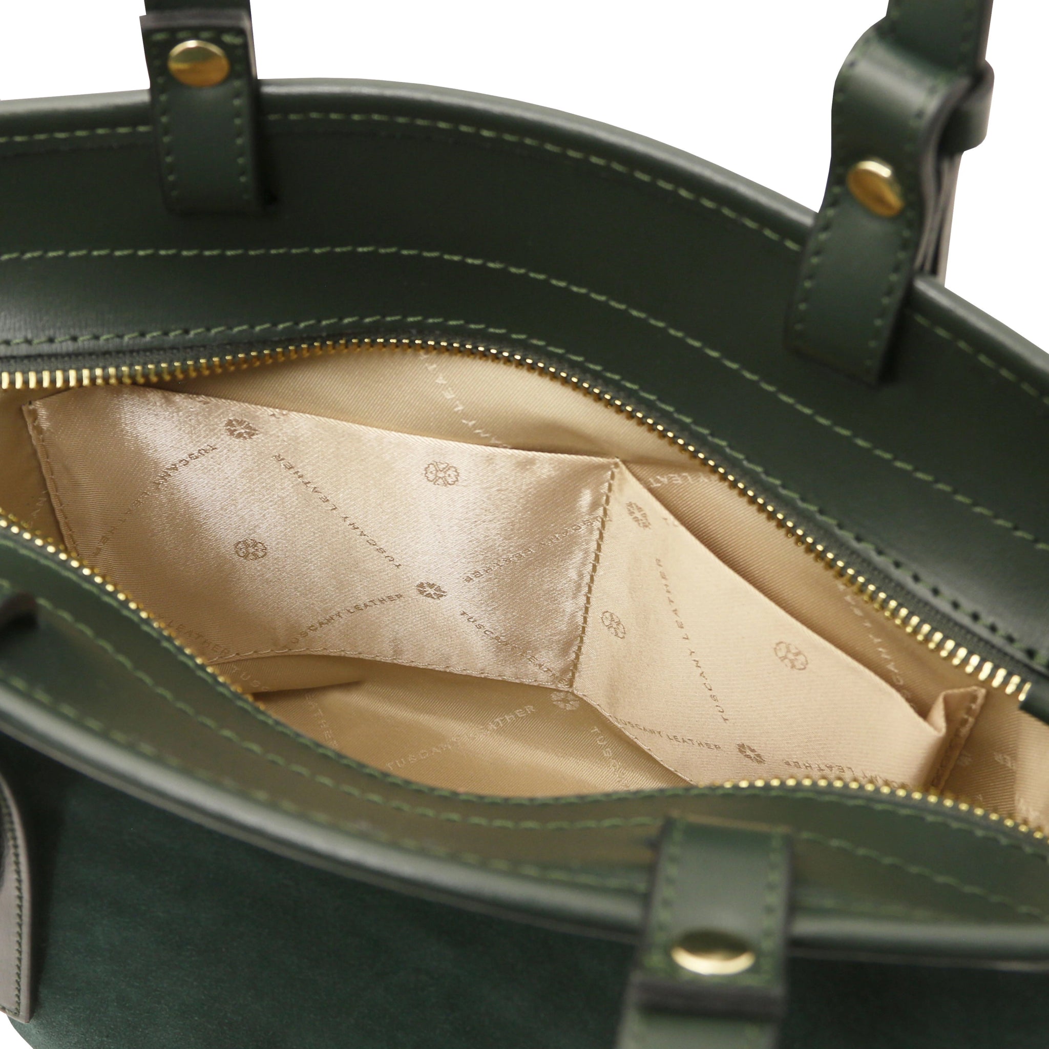 Interior open pocket beige lining view Glacette Suede Bucket bag in Forest Green