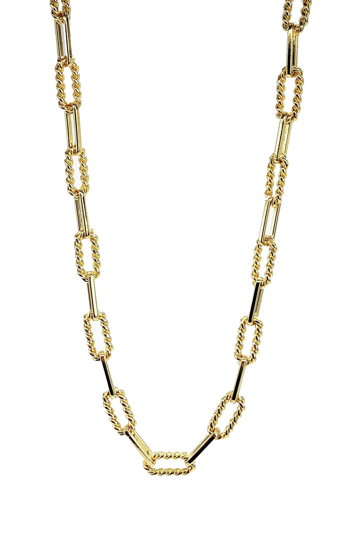 Gold Fill Twisted Paperclip Chain Necklace hanging on a white background