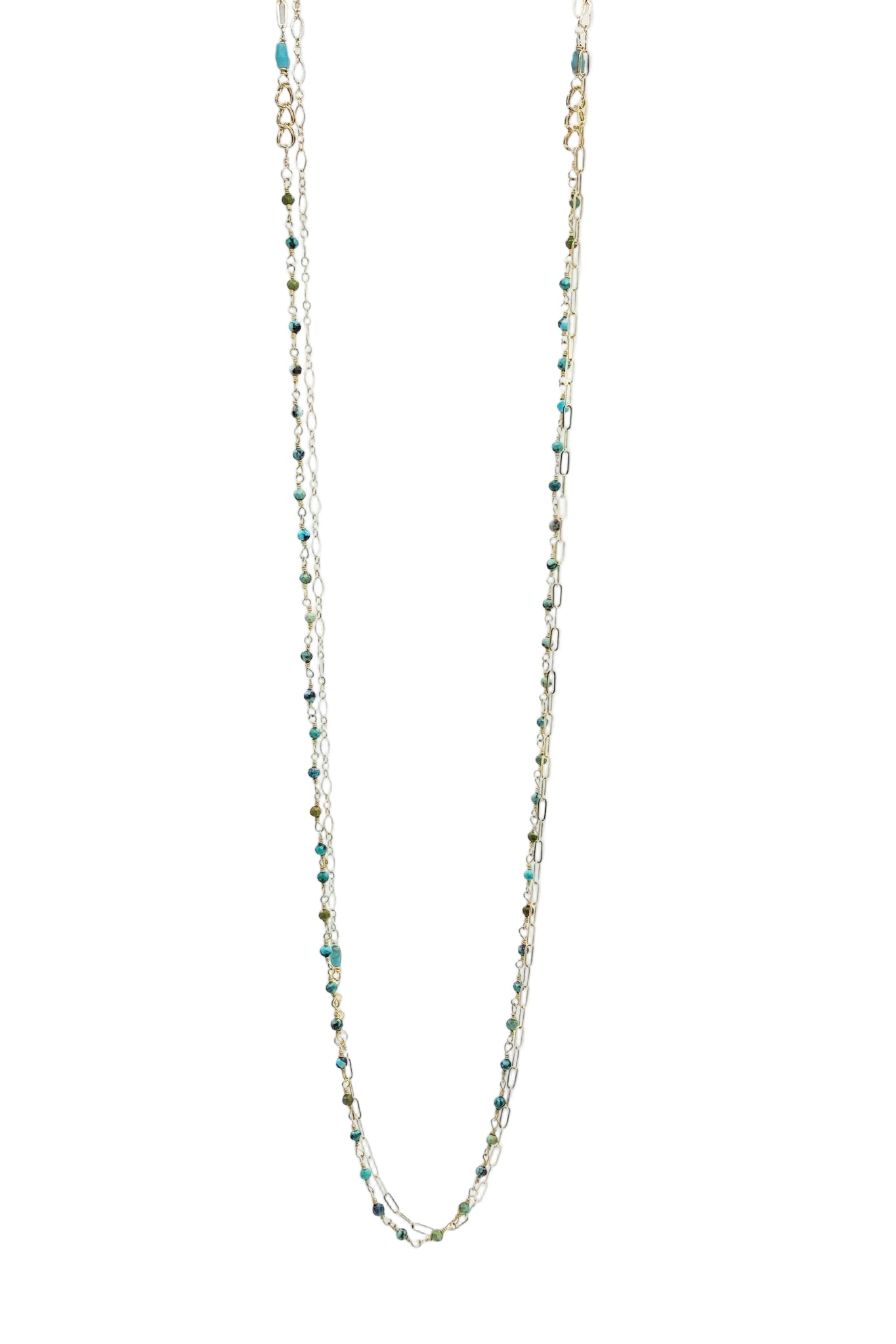 Green Turquoise Mixed Chain Necklace wrapped twice on a white background