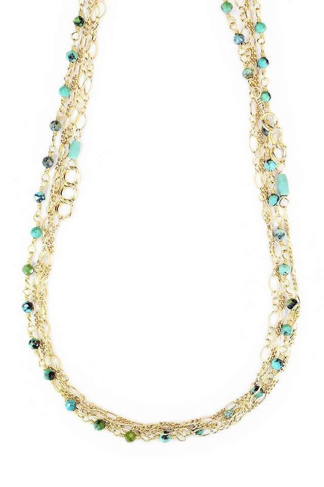 Green Turquoise Mixed Chain Necklace wrapped three times on a white background