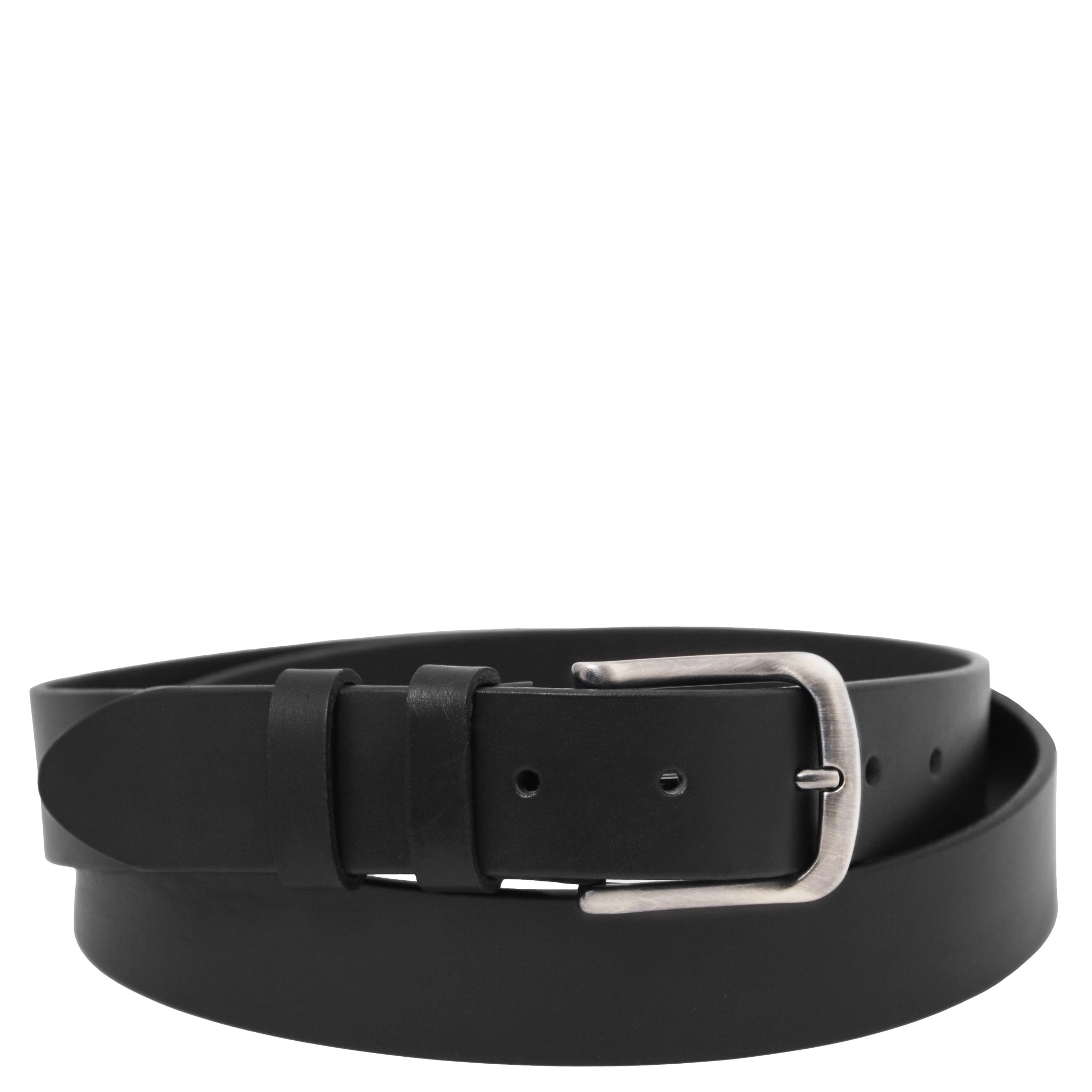Black smooth leather belt with a silver buckle on a white background