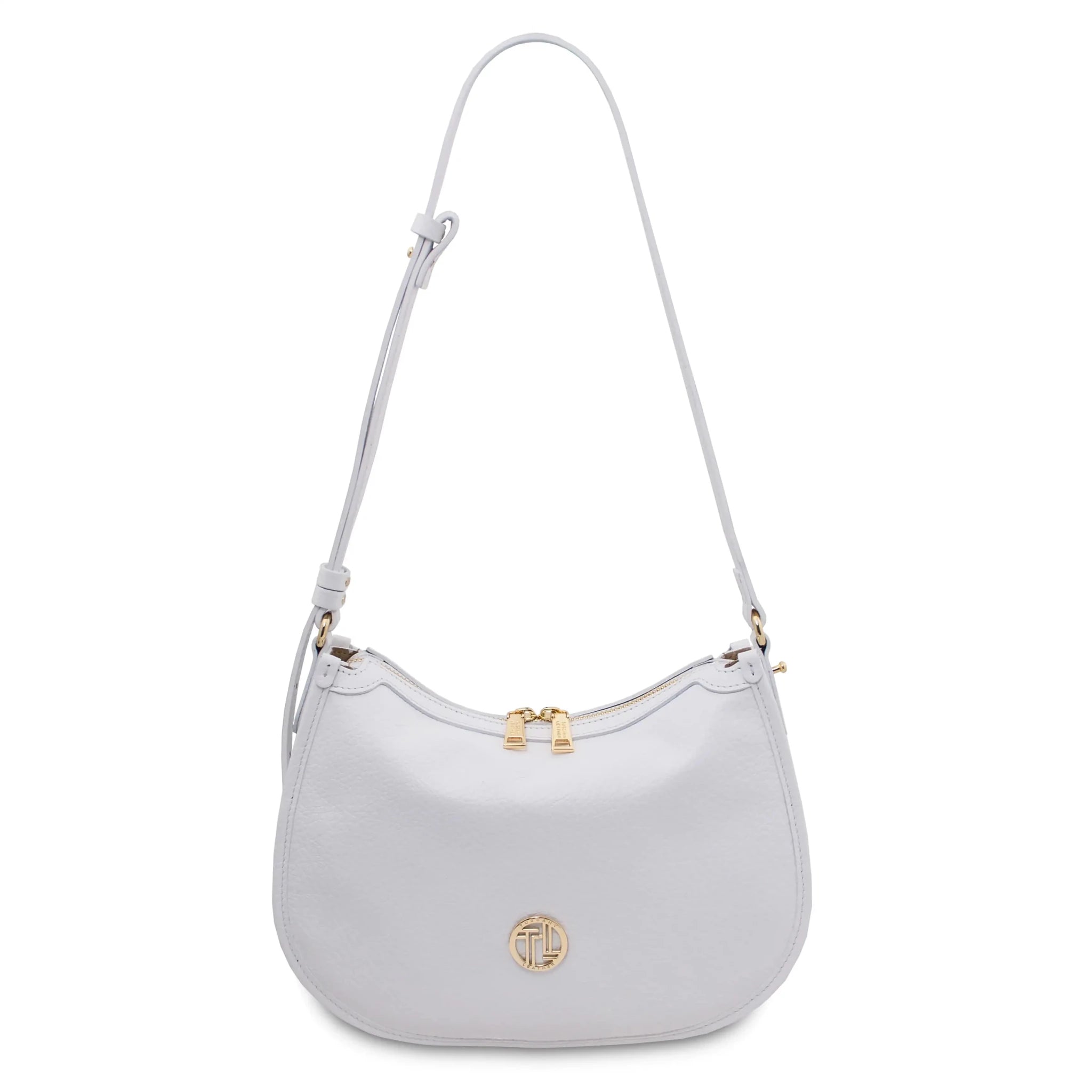 Front view Hoblò Soft Italian Leather Handbag in White showing crossbody strap