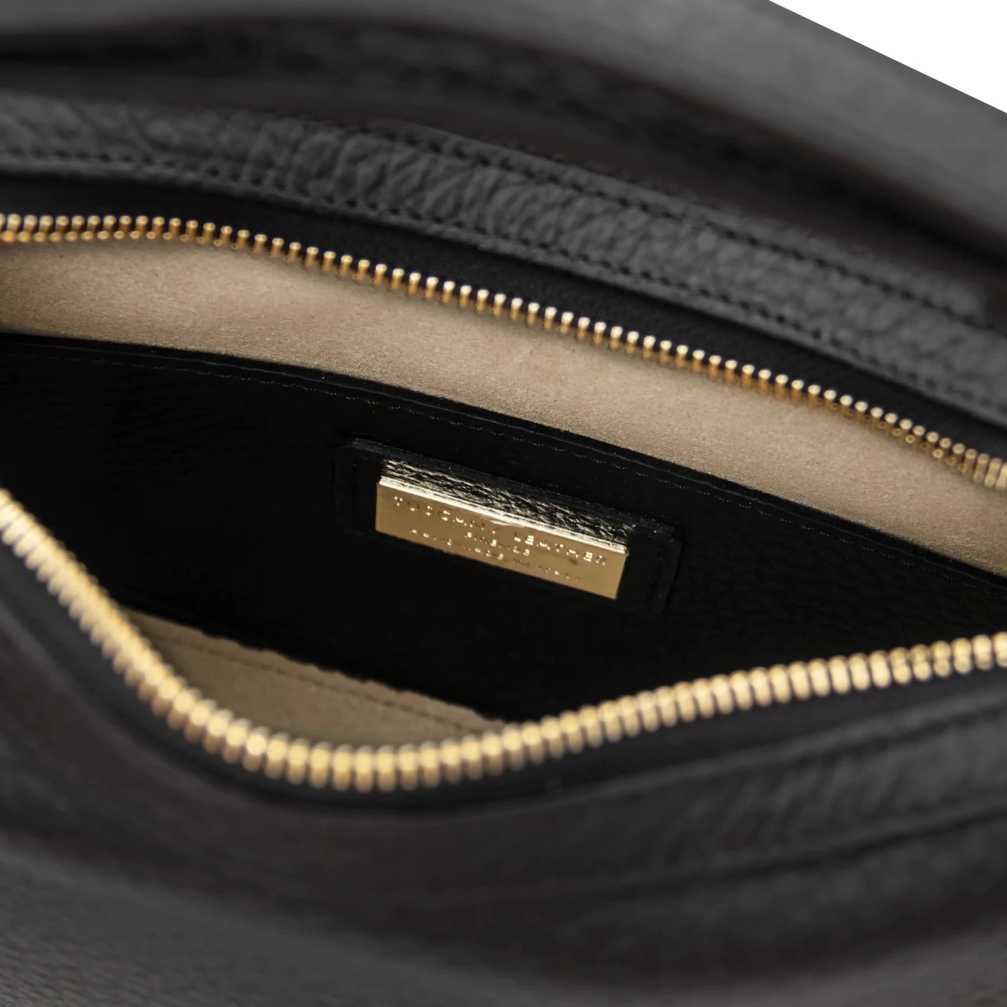 Interior zip pocket view Hoblò Soft Italian Leather Handbag in Nude with beige lining