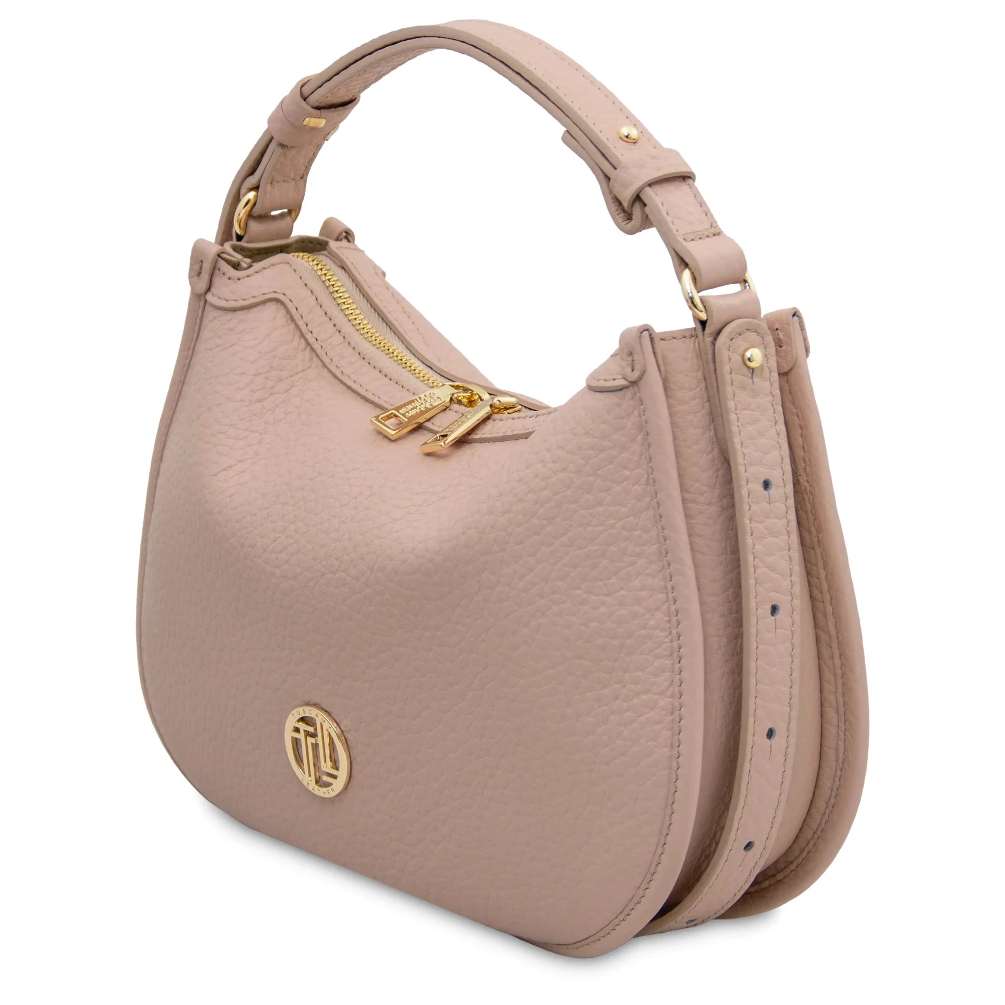 Front angled view Hoblò Soft Italian Leather Handbag in Nude