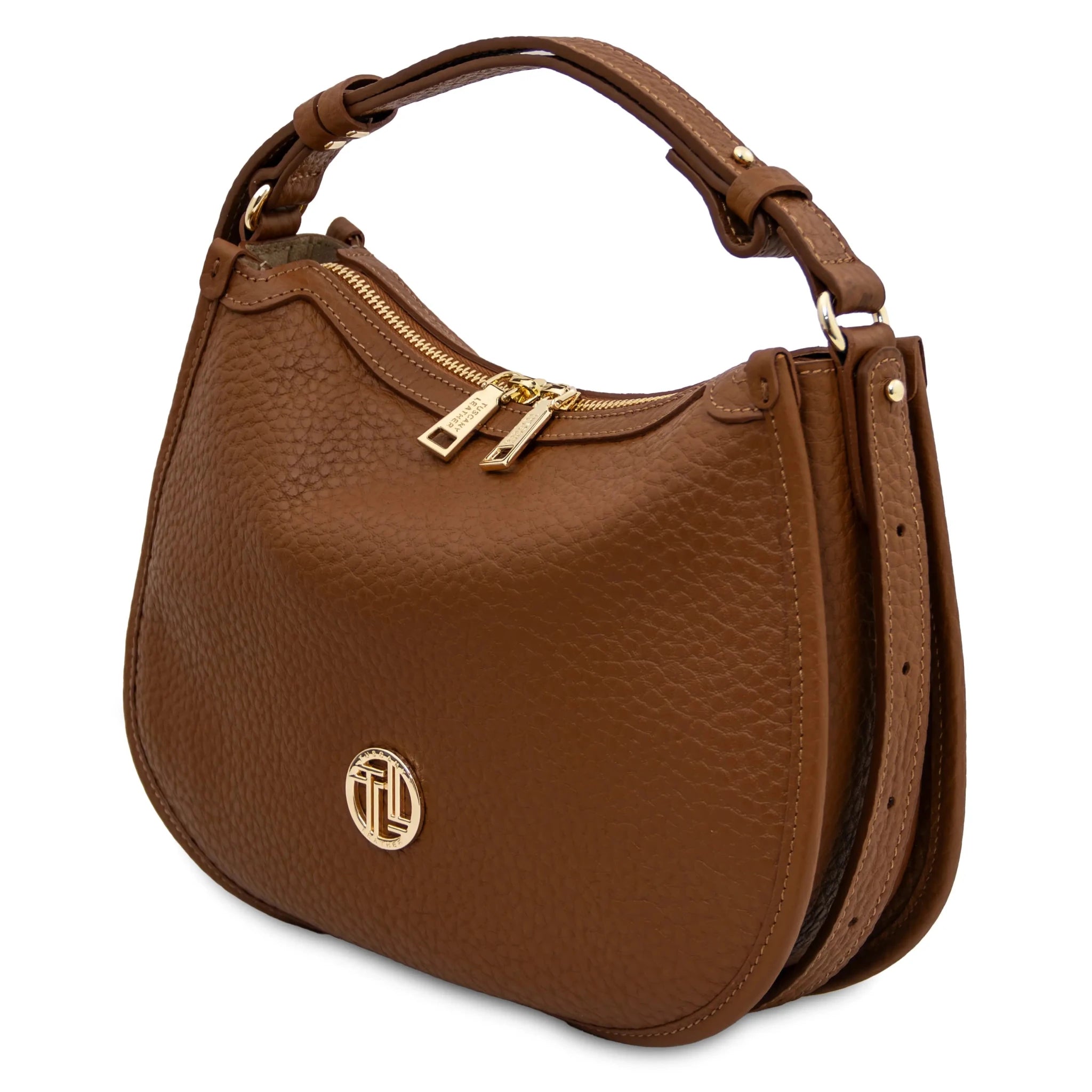 Front angled view Hoblò Soft Italian Leather Handbag in Cognac