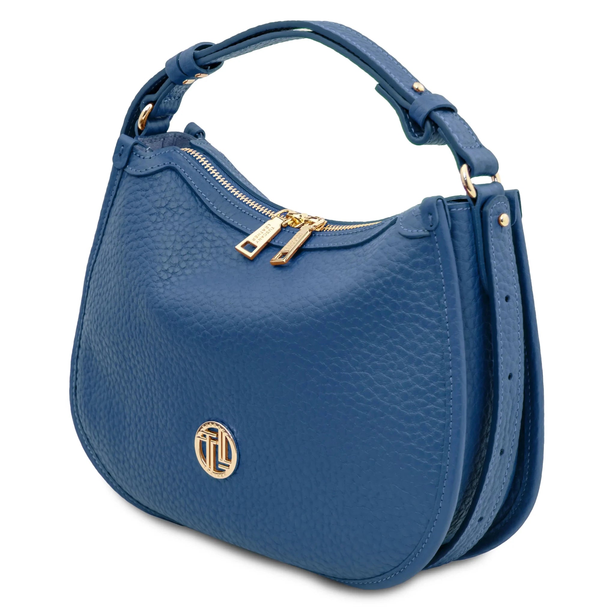 Front angled view Hoblò Soft Italian Leather Handbag in Blue