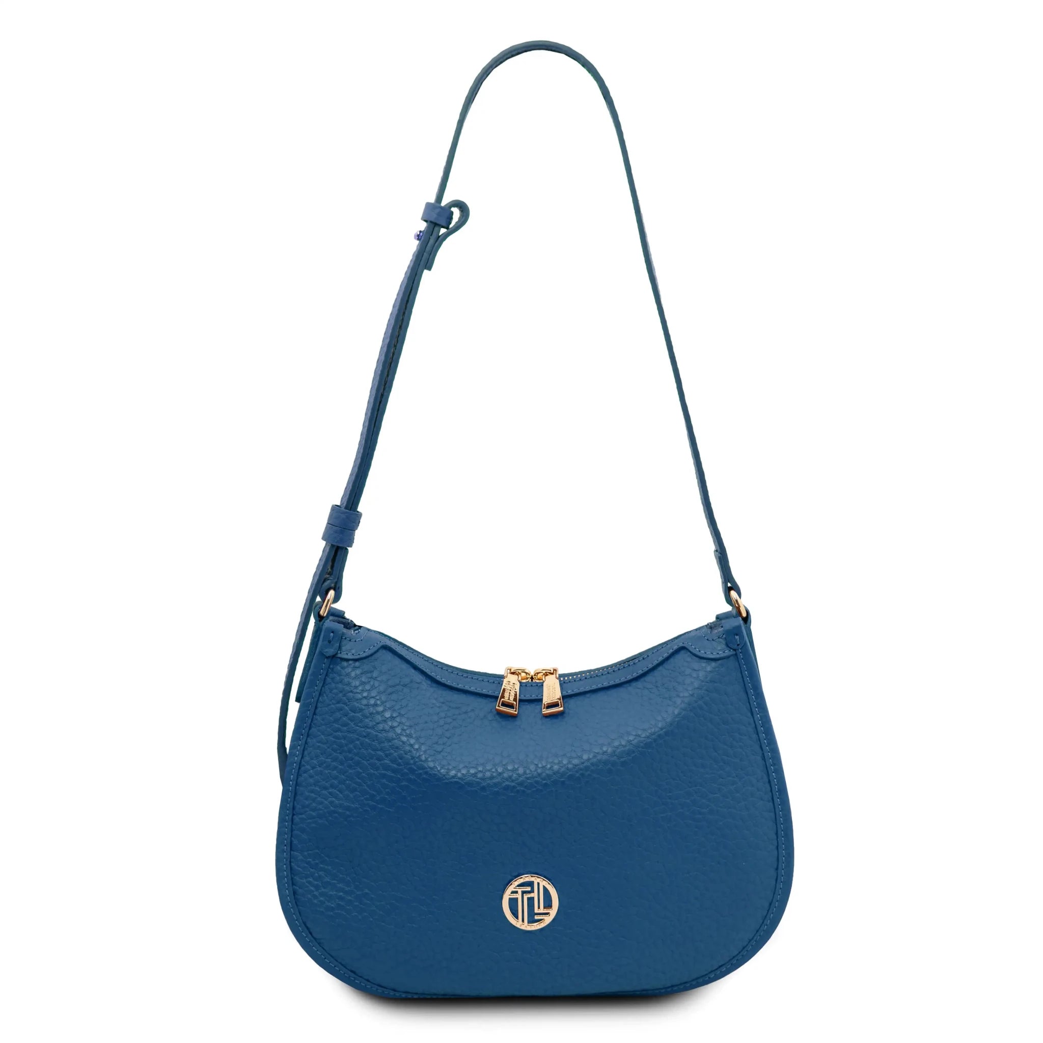 Front view Hoblò Soft Italian Leather Handbag in Blue showing crossbody strap