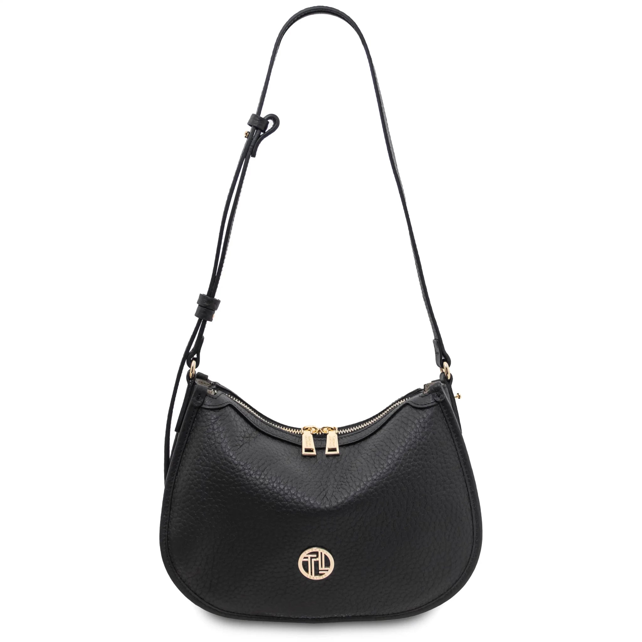 Front view Hoblò Soft Italian Leather Handbag in Black showing crossbody strap